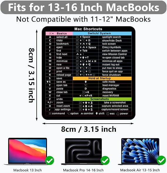 (3-Pack) Mac OS Shortcuts Sticker, Mac OS Shortcuts Sticker for MacBook