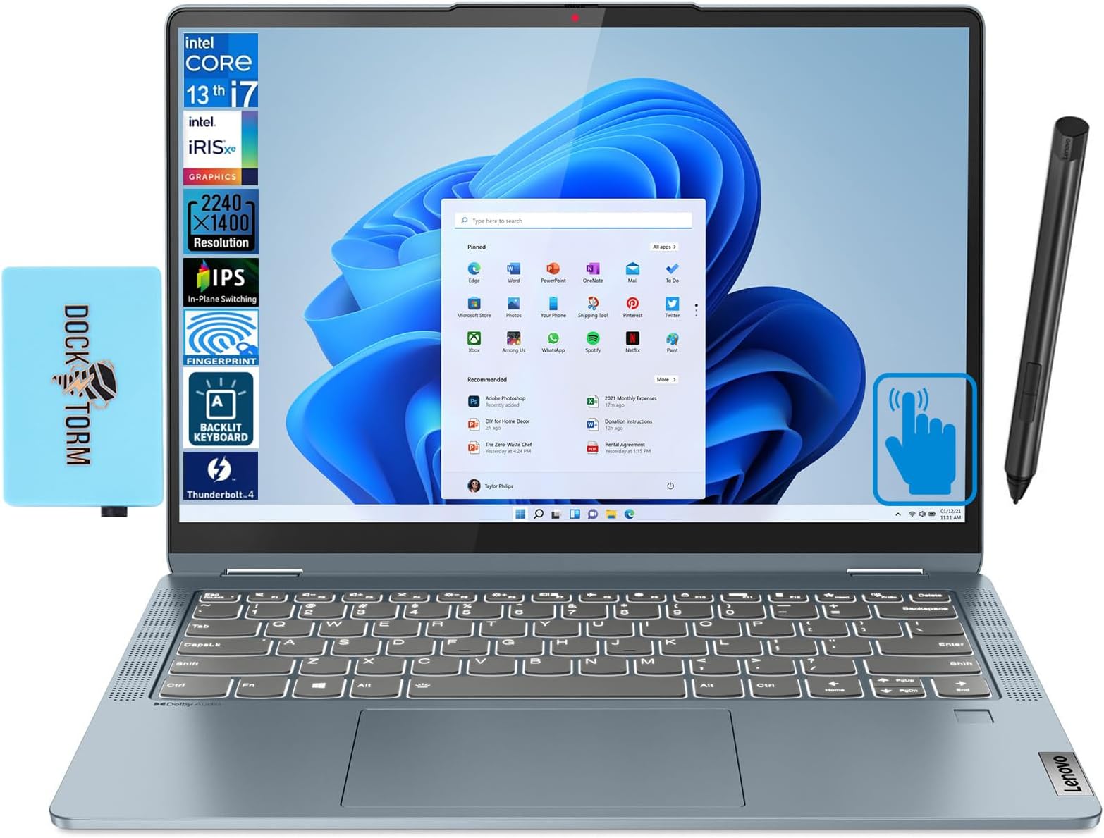 Lenovo Flex 7i 14.0" Touchscreen IPS Display 2-in-1 Laptop (Intel i7-1355U 10-Core, 16GB RAM, 1TB PCIe SSD, Intel Iris Xe, Backlit KYB, FP, Thunderbolt 4, WiFi 6E, BT 5.3, Win11Home) w/Dockztorm Dock