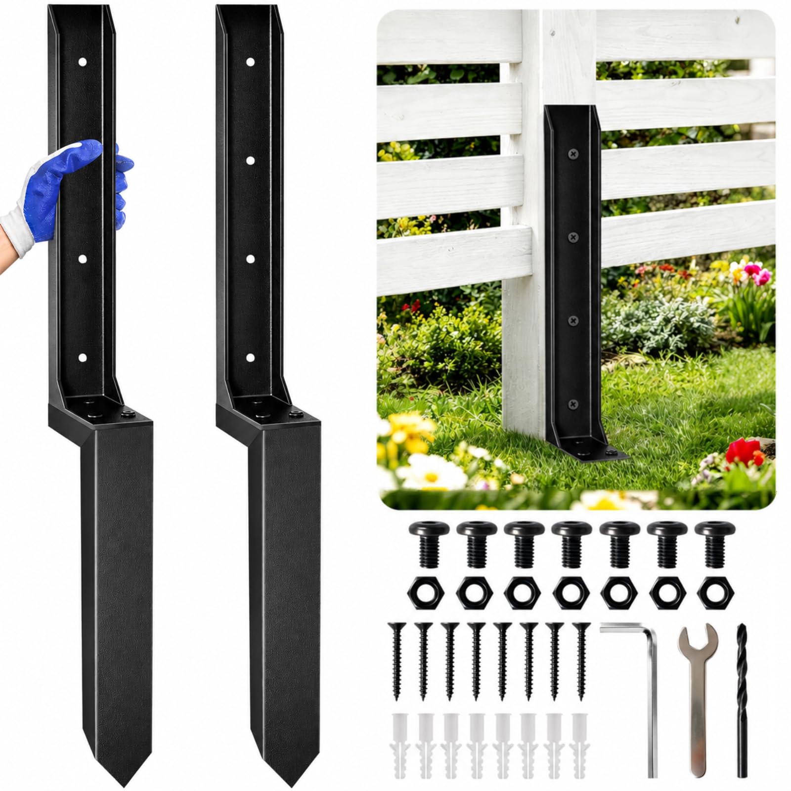 Photo 1 of DHLANROY Fence Post Repair Kit, Anchor Ground Spike Repair Stakes, Heavy Duty Leaning Fence Stabilizer, Metal Support Bracket for Wood Fence, Garden Mailbox, Pergola, 2 Packs