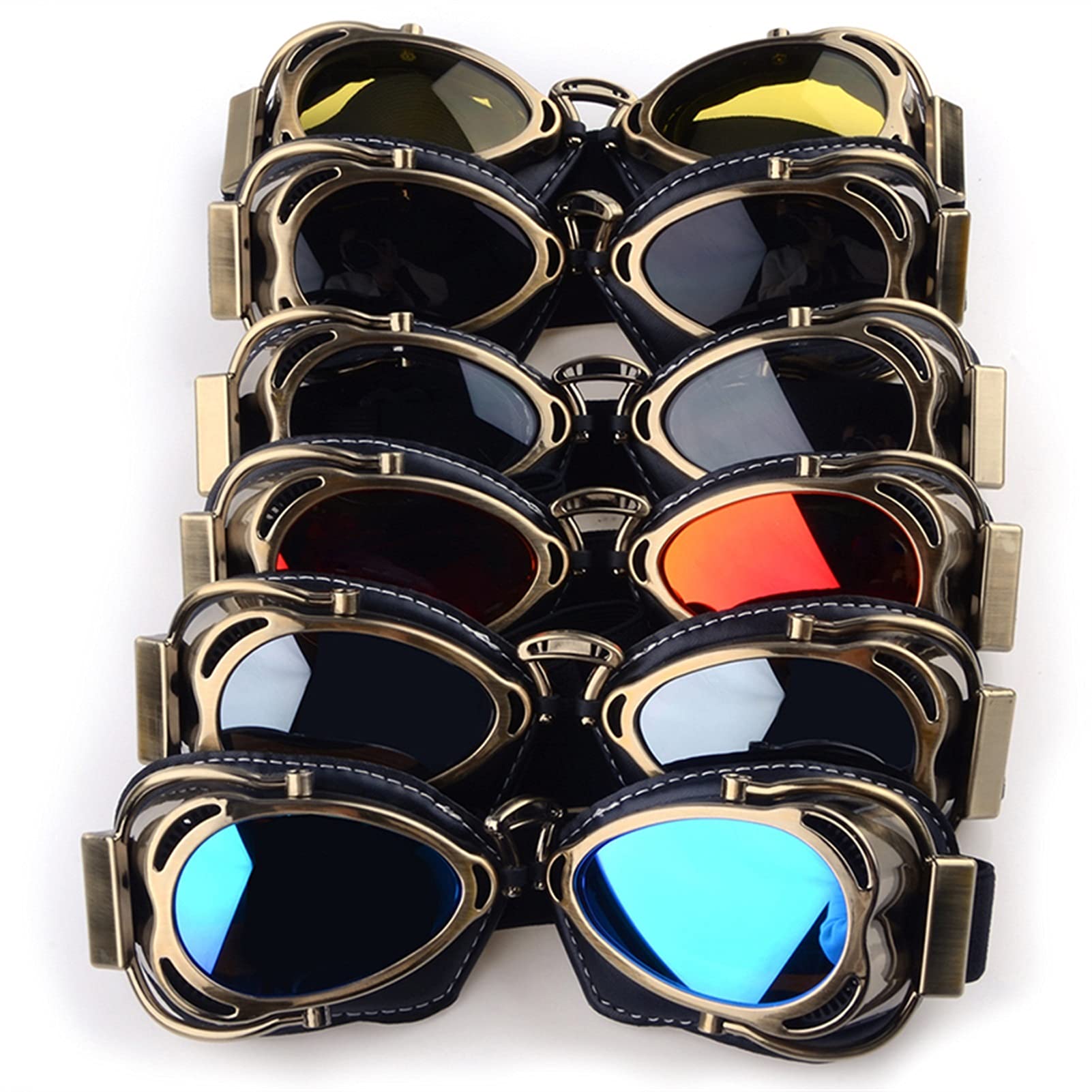 Occhiali Moto,Occhiali da Moto Occhiali da ciclismo da moto retrò Goggles Pilot Aviator Unisex Casco Glasses Racing Protecting Bronze Color Frame Eyeglass Eyewear(Red Lens)