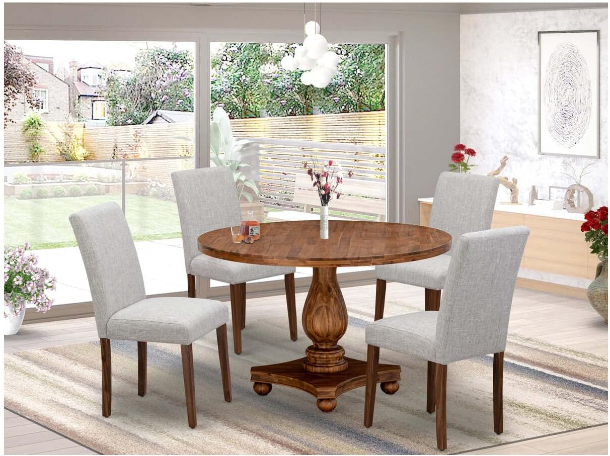 East West Furniture I2AB5-N35 5 Piece Dinette Set Includes a Round Dining Room Table with Pedestal and 4 Doeskin Linen Fabric Upholstered Parson Chairs, 48x48 Inch, Antique Walnut