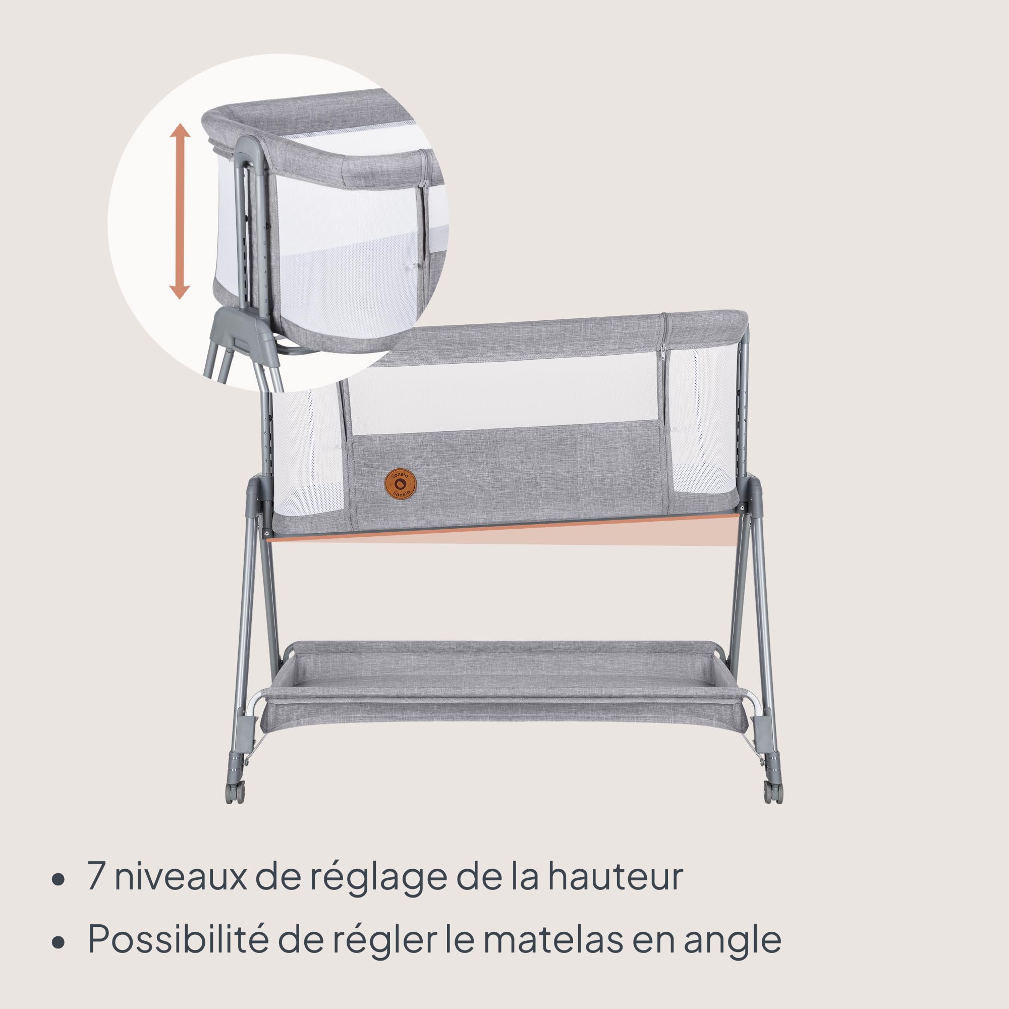 lionelo Luna, lit Bebe indépendant, cododo avec Matelas, co-Sleeping, du Nouveau-né à 9 kg. Hauteur et Inclinaison réglables, 4 Roues avec Blocage, Fixation au lit des Parents, aéré
