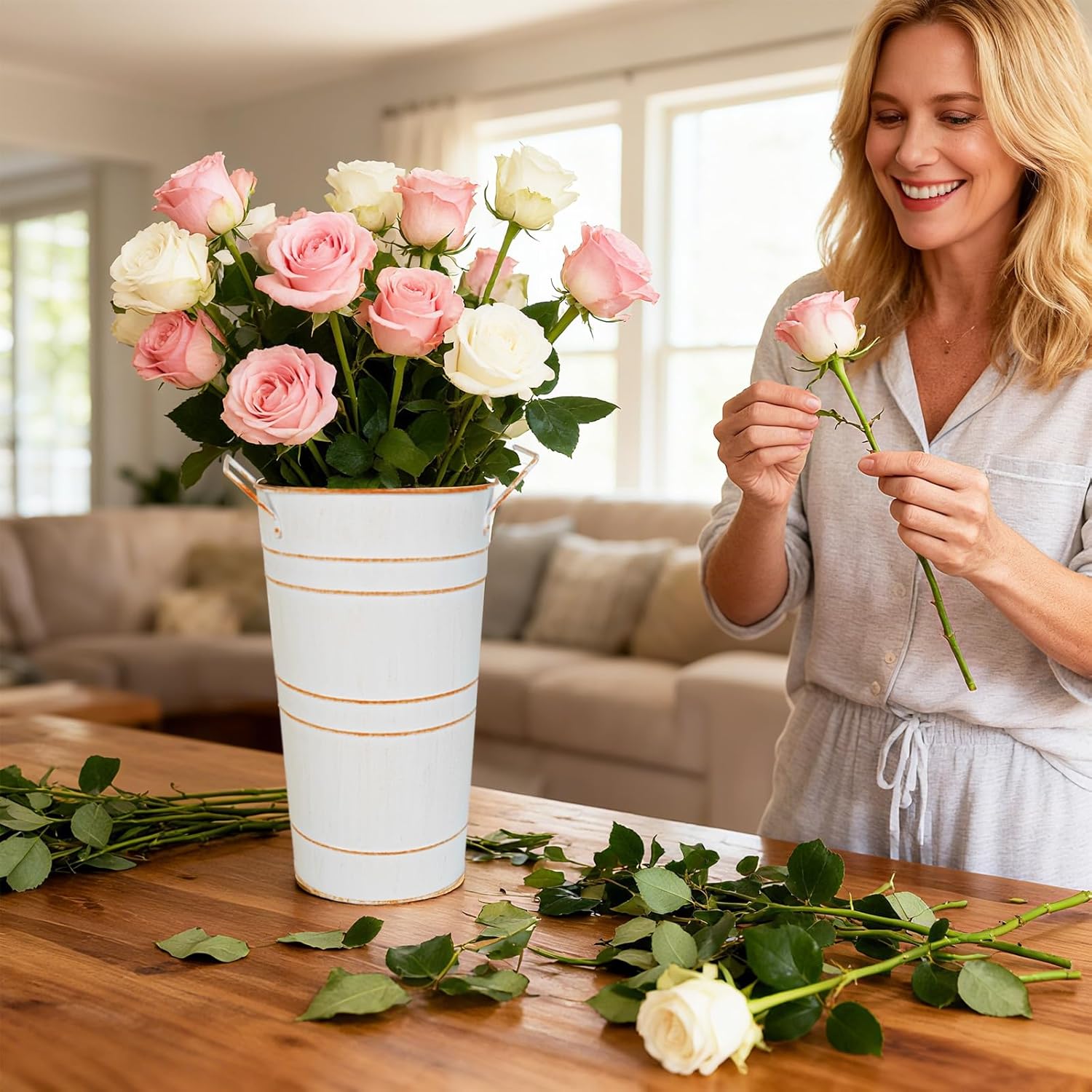10" Tall Flower Buckets Metal Vase - Pack of 10 Rustic Farmhouse Centerpiece Vases for Table with Handles, Wedding Home Table Decor, Farmhouse White Flower Bar Bucket Holder