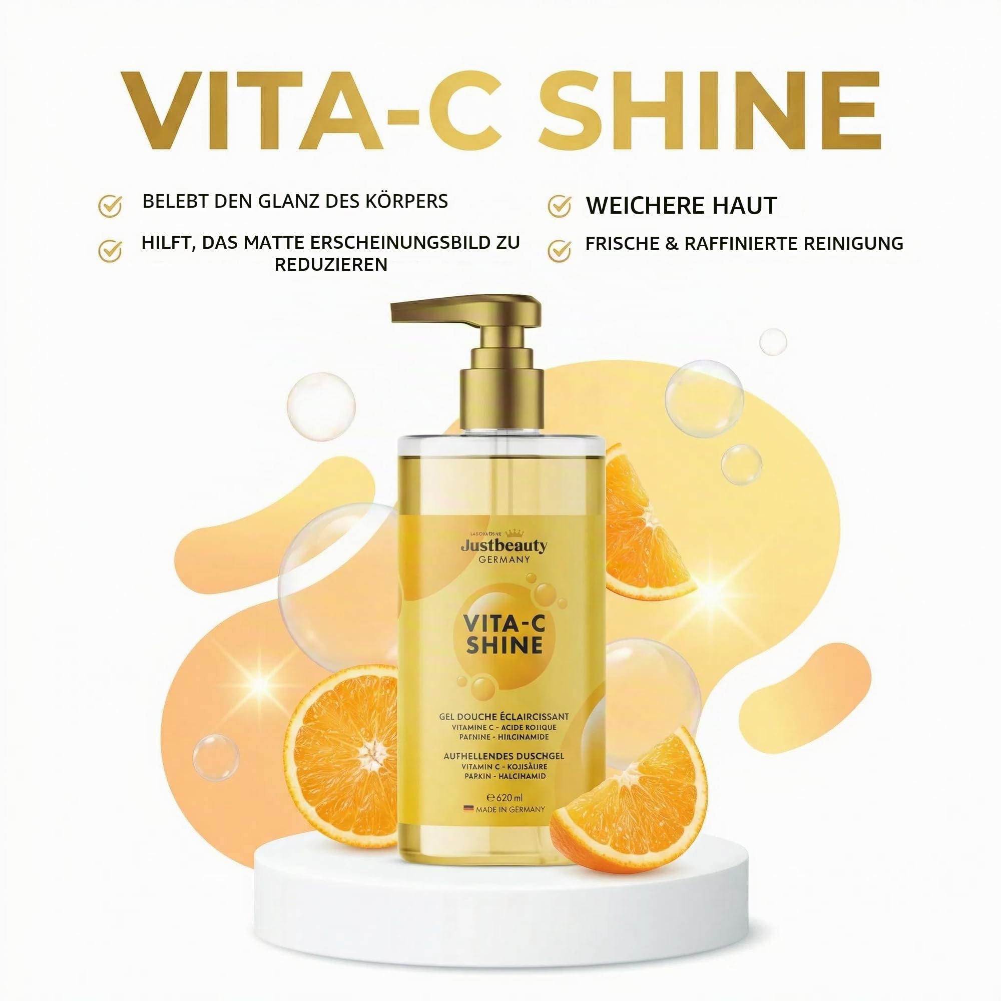 Aufhellendes Duschgel Vita C Shine 620ml – Extra Stark mit Vitamin C, Niacinamid, Kojicsäure & Hyaluronsäure – Feuchtigkeitsspendend & Teintausgleichend