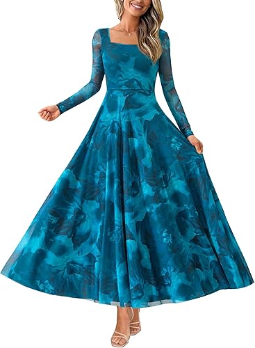 BTFBM Women Maxi Dress Fall 2025 Fashion Elegant Long Sleeve Square Neck Floral Print Party Club Wedding Guest Dresses
