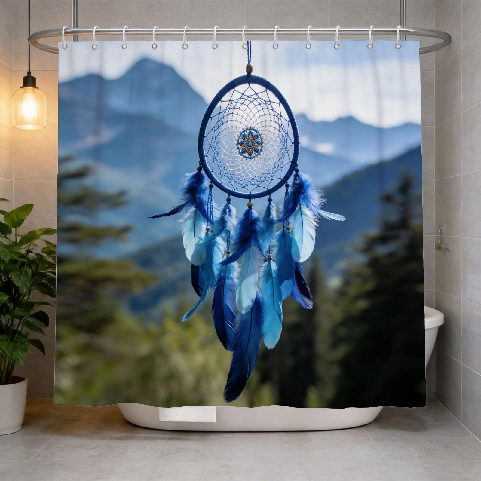 Hongduo 3D Feather Shower Curtain for Stalls Bathtubs the Mountains Bathroom Decor Shower Curtain Set Polyester Fabric Waterproof 200x200cm/79X79 Inch with Hooks