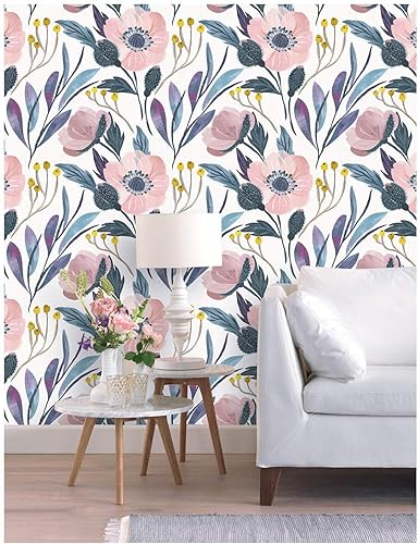 Miniatura 6 de HAOKHOME 93019 - Papel tapiz floral para despegar y pegar, extraíble, de vinilo color rosaazulamarillo, autoadhesivo para estantes, 17.7 x 78.7