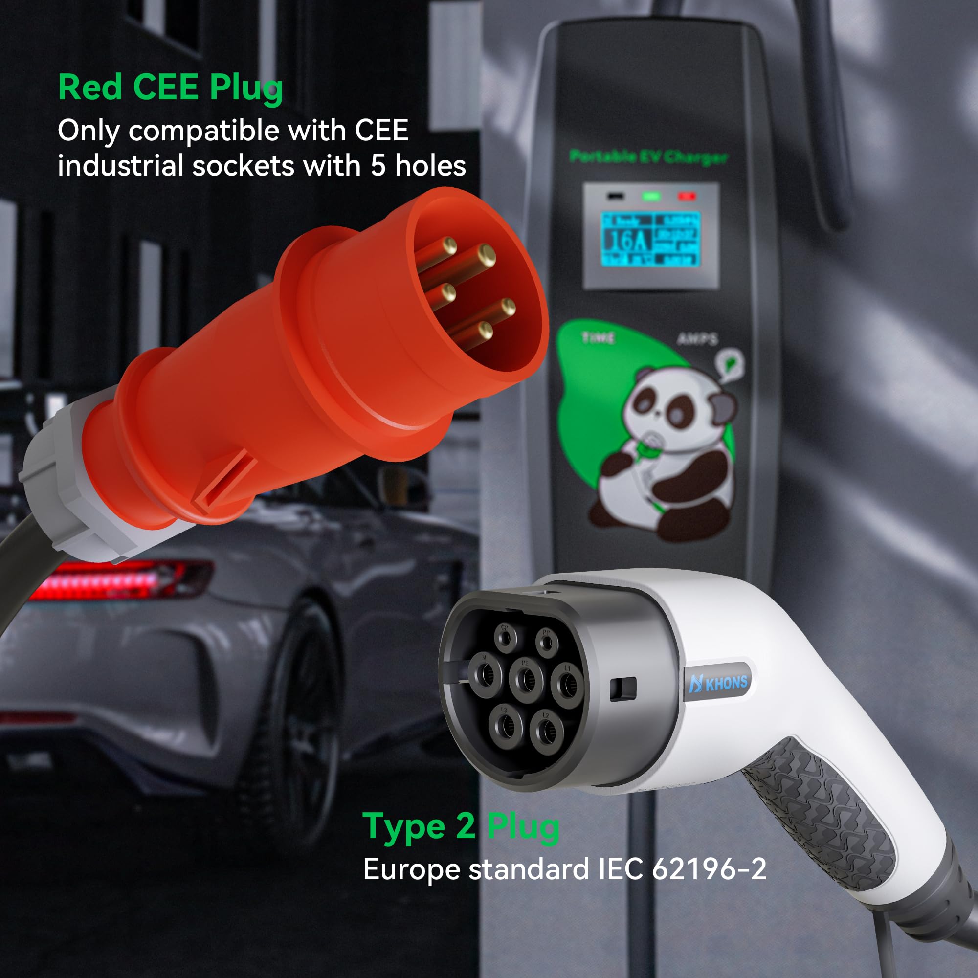 KHONS Cavo di Ricarica Tipo 2 con Spina CEE 5 Metri 6-16A trifase 11kW IP65 Stazione di Ricarica Mobile Wallbox per IEC 62196-2 con Borsa per Il Trasporto