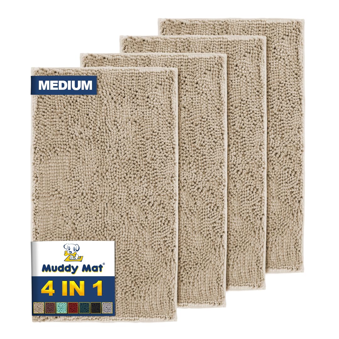 Muddy Mat® 4-Piece Beige Medium 30"X19" AS-SEEN-ON-TV Highly Absorbent Microfiber Door Mat, Bath Mat and Pet Rug, Non slip Thick Washable, Soft