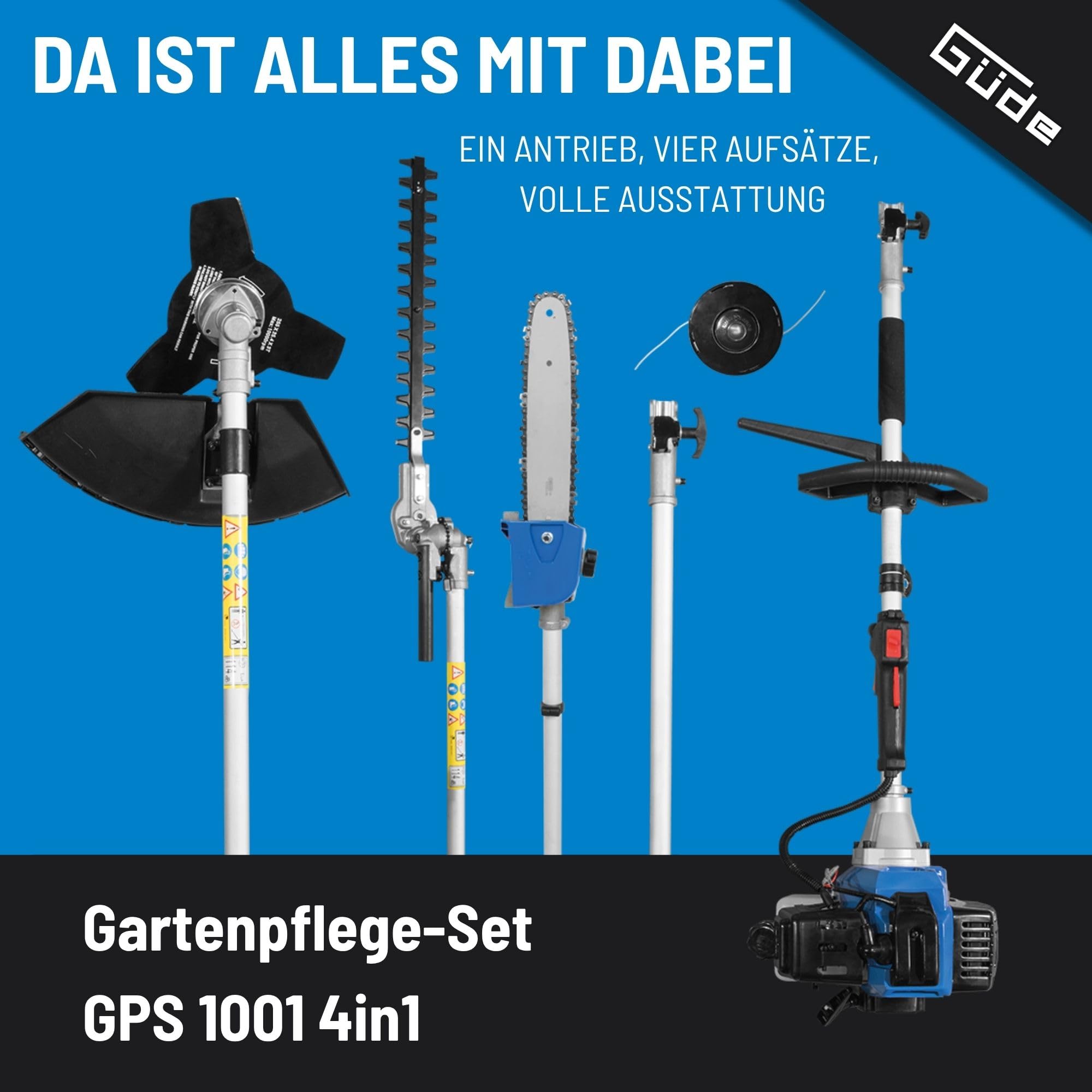 Güde Gartenpflege-Set GPS 1001 4in1 (2-Takt-Motor 1,2/1,6 (kW/PS), Astkettensäge mit Oregon Schwert & Kette/Freischneider/Trimmer/Heckenschere in einem, inkl. Verlängerung, Mischbehälter & Tragegurt)