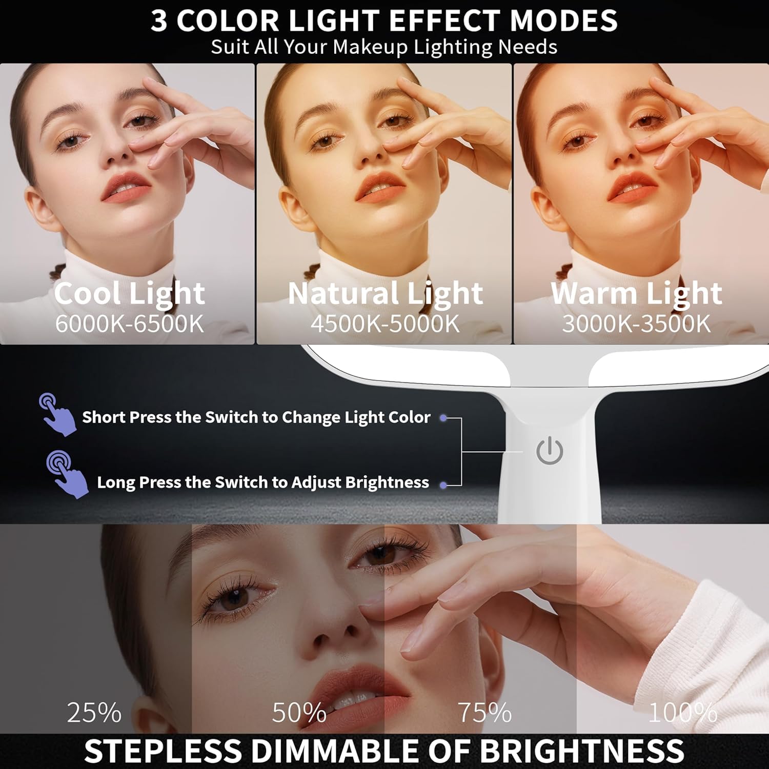 Auxmir Specchio a Mano LED, Specchio Trucco con Luci, 50 LED e 3 Colori di Luci, Luminosità Regaolabile, Controllo Tatile, Specchio Portatile con Maniglia Comoda per Salone, Parrucchiere, Barbiere