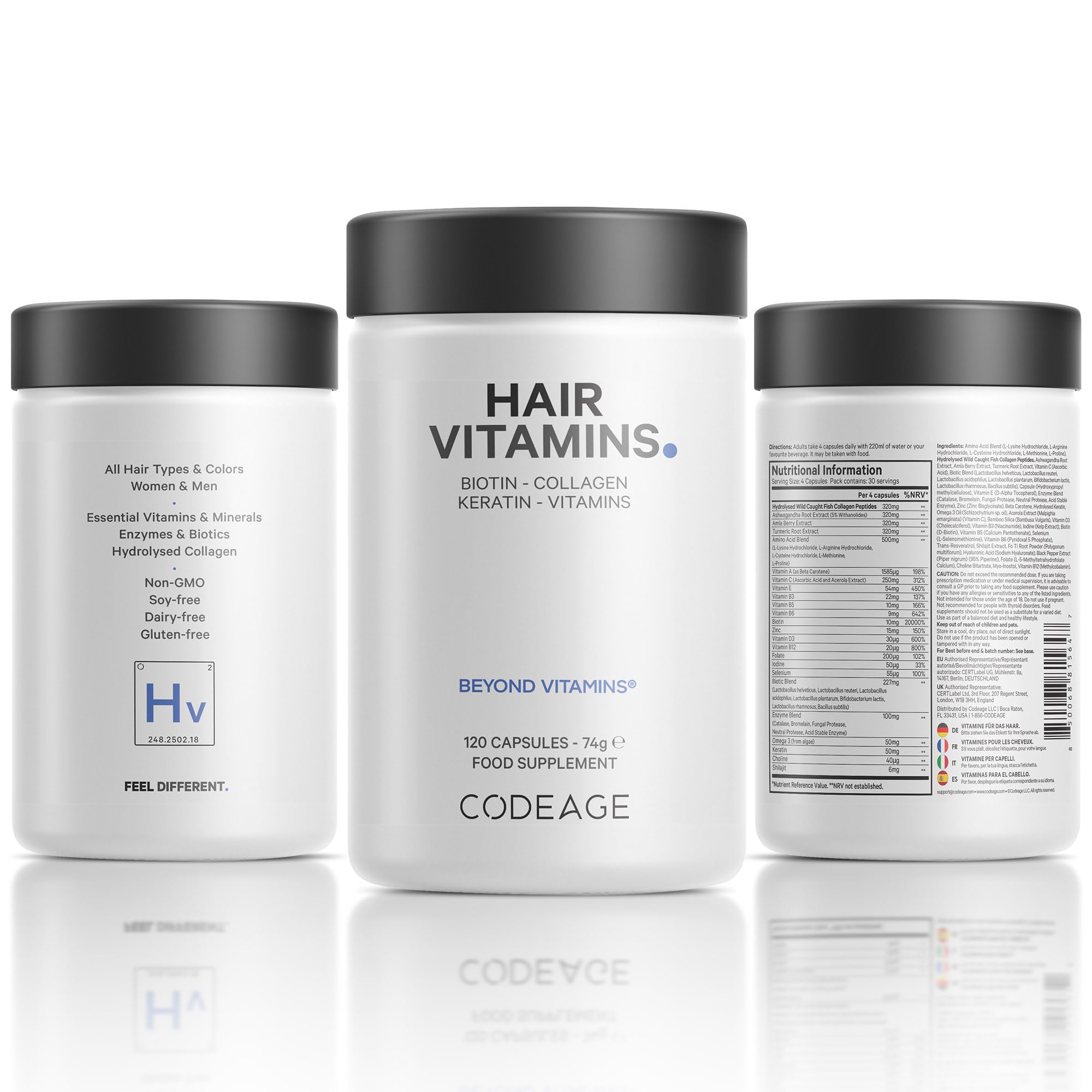 Codeage Haarvitamine 10000 Mcg Biotin, Keratin, Kollagen, Vitamin A, B12, C, D3, E, Zink, Kurkuma, Probiotika Enzyme Unterstützung Der Haarpflege Nahrungsergänzungsmittel Für Gesundes Haar 120 Kapseln