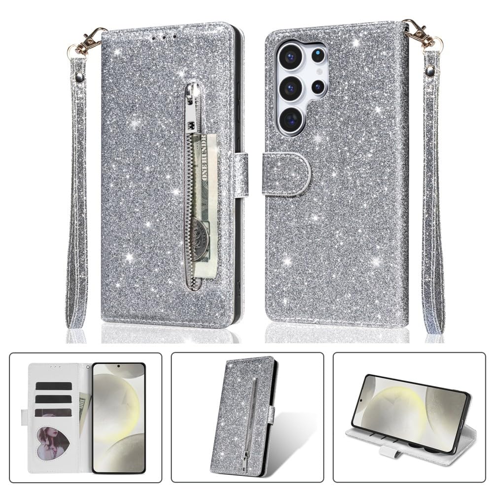 Generic Compatible avec Samsung Galaxy S10E (couleur : argenté) Étui portefeuille en cuir avec fermeture éclair à paillettes