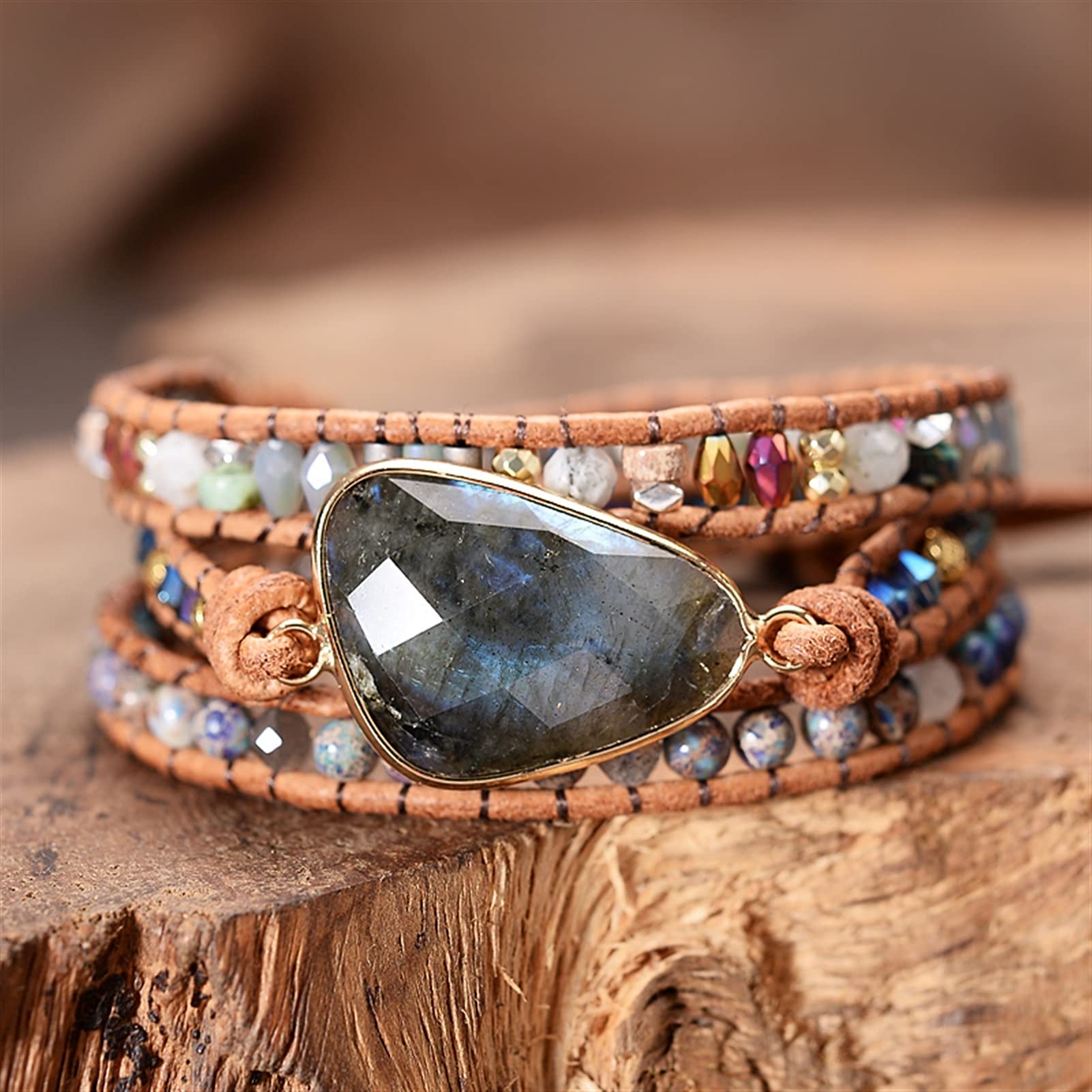 Brillo triángulo Luna Piedras de Cuero Envoltura Pulseras Hecha a Mano 3 Capas Trenzadas Cuentas Mujeres brazaletes