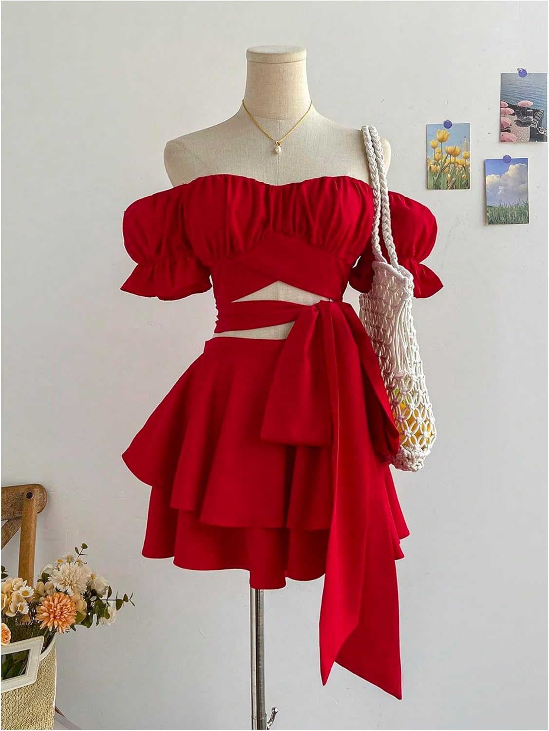 SweatyRocks Women's 2 Piece Outfits Off The Shoulder Puff Sleeve Crop Top and Ruffle Layered Shorts Set - Image 5