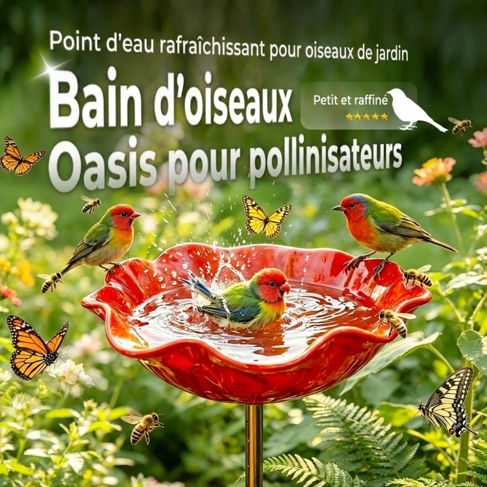 Abreuvoir Oiseaux, 2026 Nouveau Bain Oiseaux Décoratif Métal Motif Fleurs, Handmade Metal Flower Garden Stake, Bain d’Oiseau Oiseauxs Résistante Intempéries Fleurs Abreuvoir À Abeilles (Rouge)