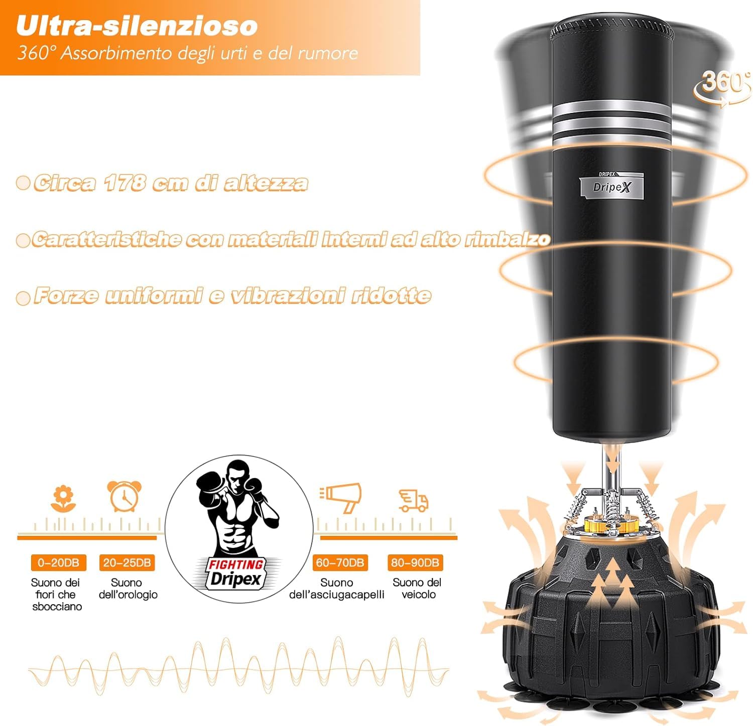 Dripex Sacco da Boxe da Terra, 178cm con Base a 19 Potenti Ventose Riempibile 80kg Sabbia / 60kg Acqua Pugilato Kickboxing Autoportante MMA Thai per Adulti (Spedizione in 2 pacchi separati)