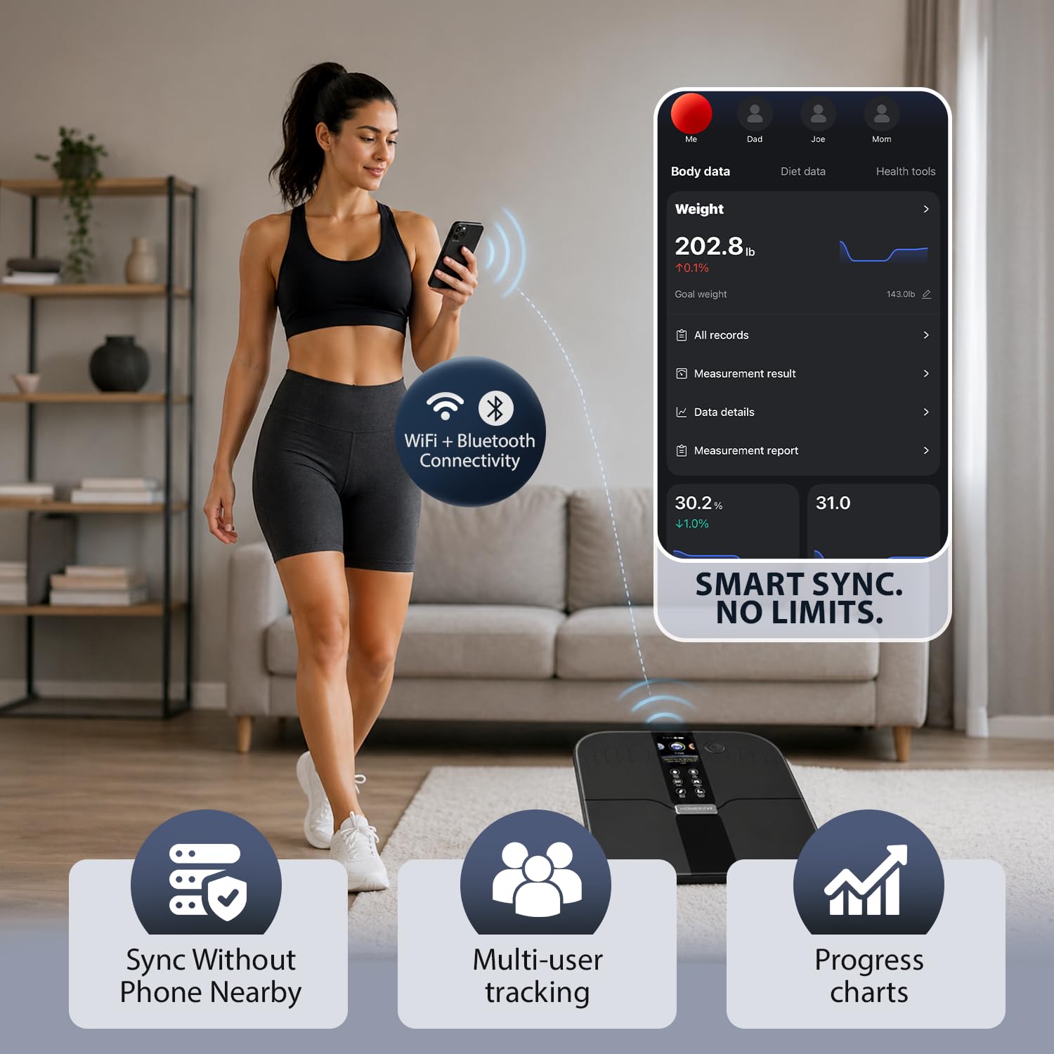 Homerz Báscula inteligente con IMC, grasa corporal, masa muscular, báscula