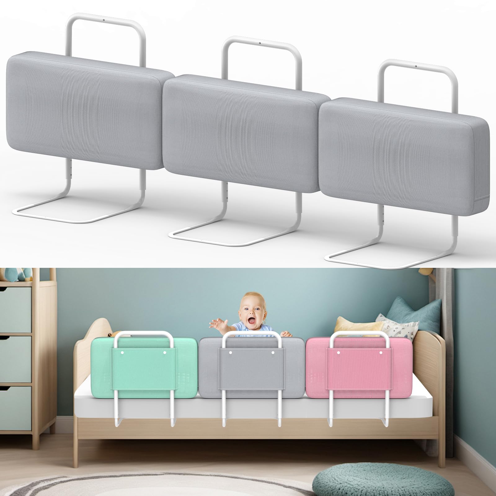 Sponde per letto bambini – Barriera letto sicurezza per bambini, protezione per letto matrimoniale e lettino, altezza regolabile 40-60 cm, rimovibile, portatile, grigio, 60cm