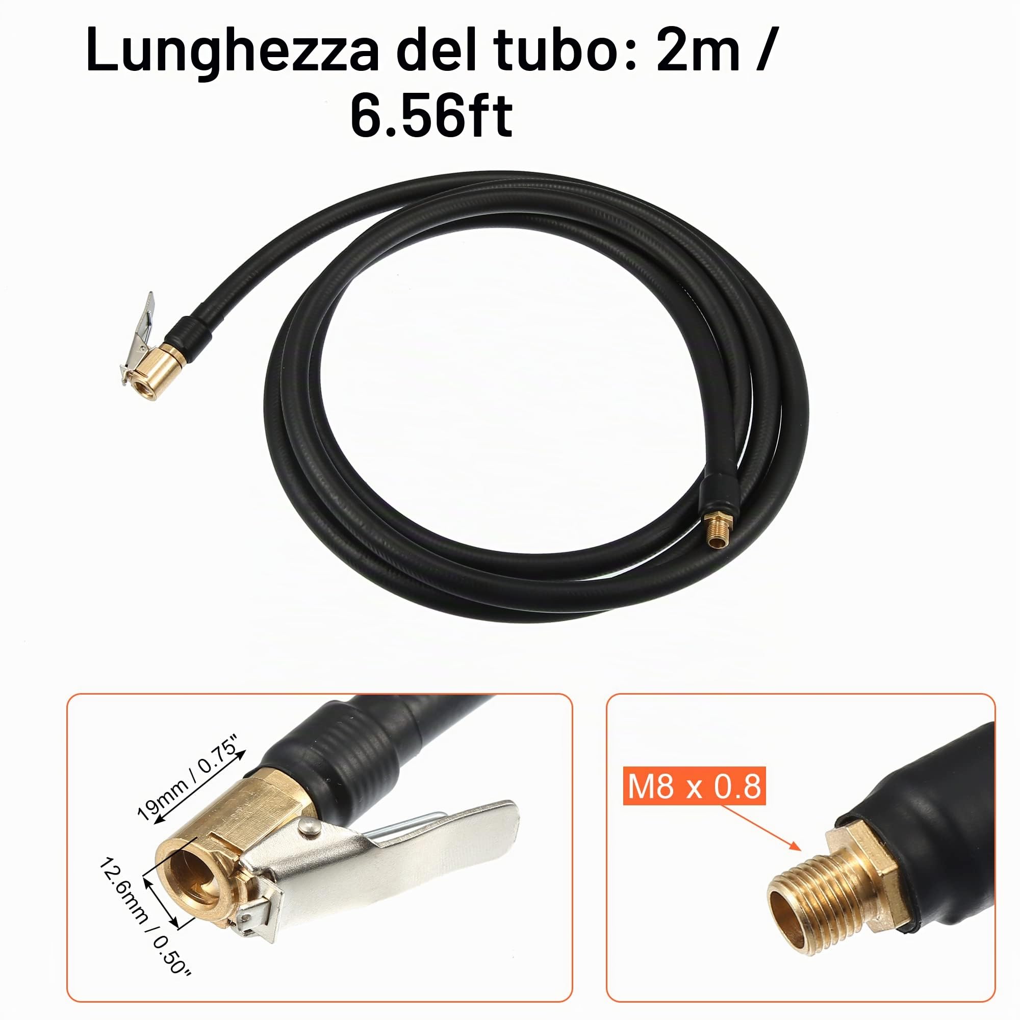 QUARKZMAN Prolunga Tubo Flessibile per Gonfiatore Pneumatico 1 Pezzo | Materiale Rame Gomma, Lunghezza 2m, Filettatura M8x0.8, Diametro 12.6mm, Per Moto Bici, Clip Valvola, Tenuta Stagna