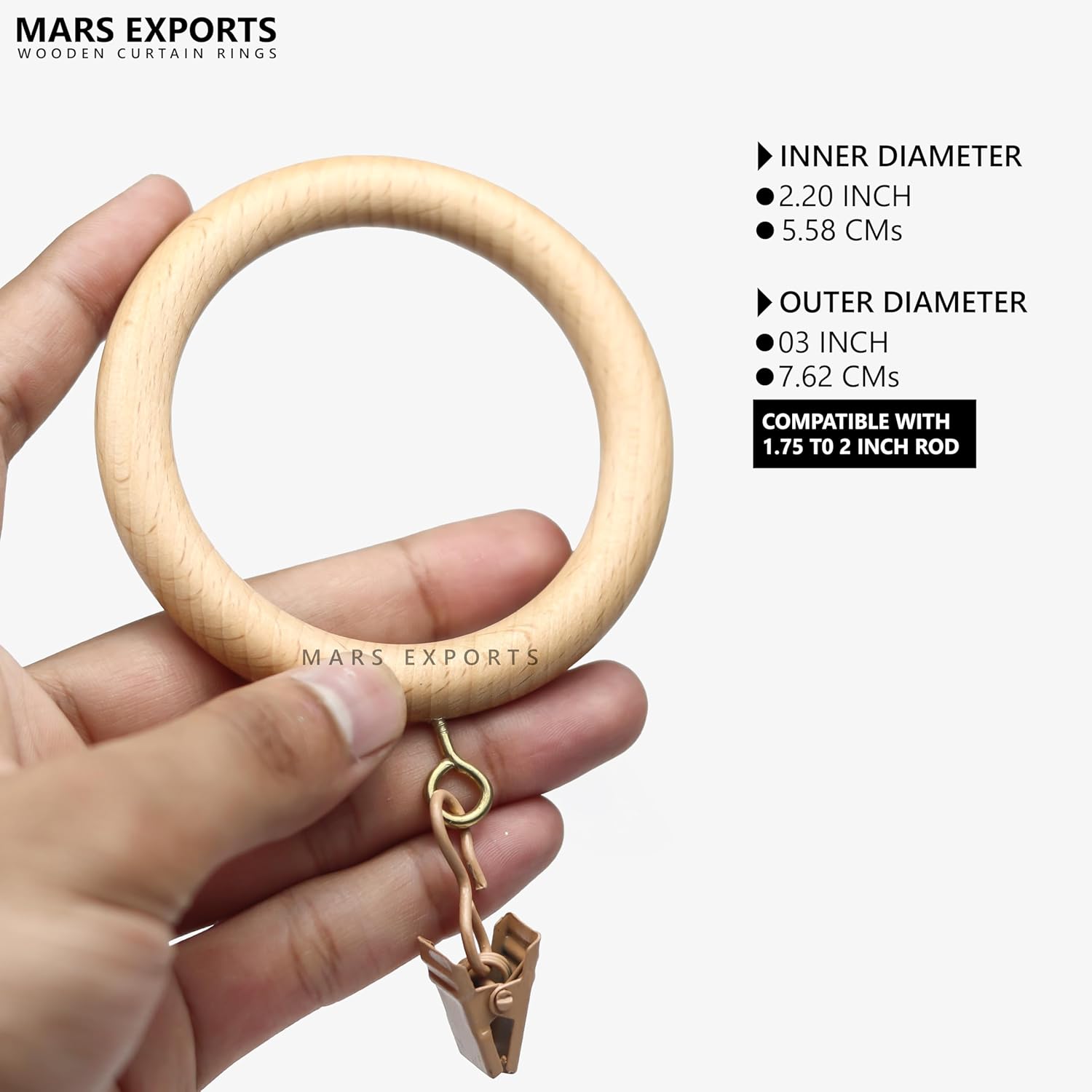 24 Pack Wooden Curtain Rings with Clips, 2.2 Inch Inner Diameter, Natural Beach Wood Curtain Rod Rings, Smooth Buffed Drapery Rings with Clips