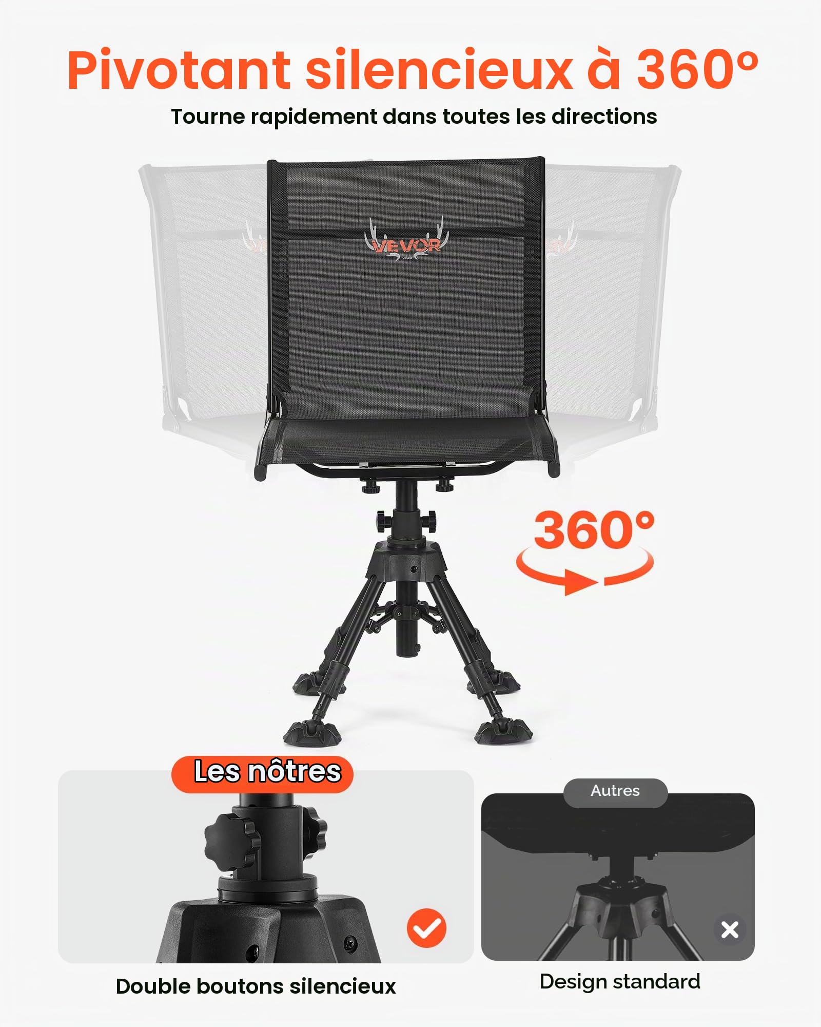 VEVOR Chaise de Chasse Silencieuse Pivotante à 360°, Siège de Chasse Pliable et Portable, Cadre en Acier Robuste, avec Pieds Anti-enfoncement, Hauteur Réglable, Capacité de 158 kg, Pêche Camping