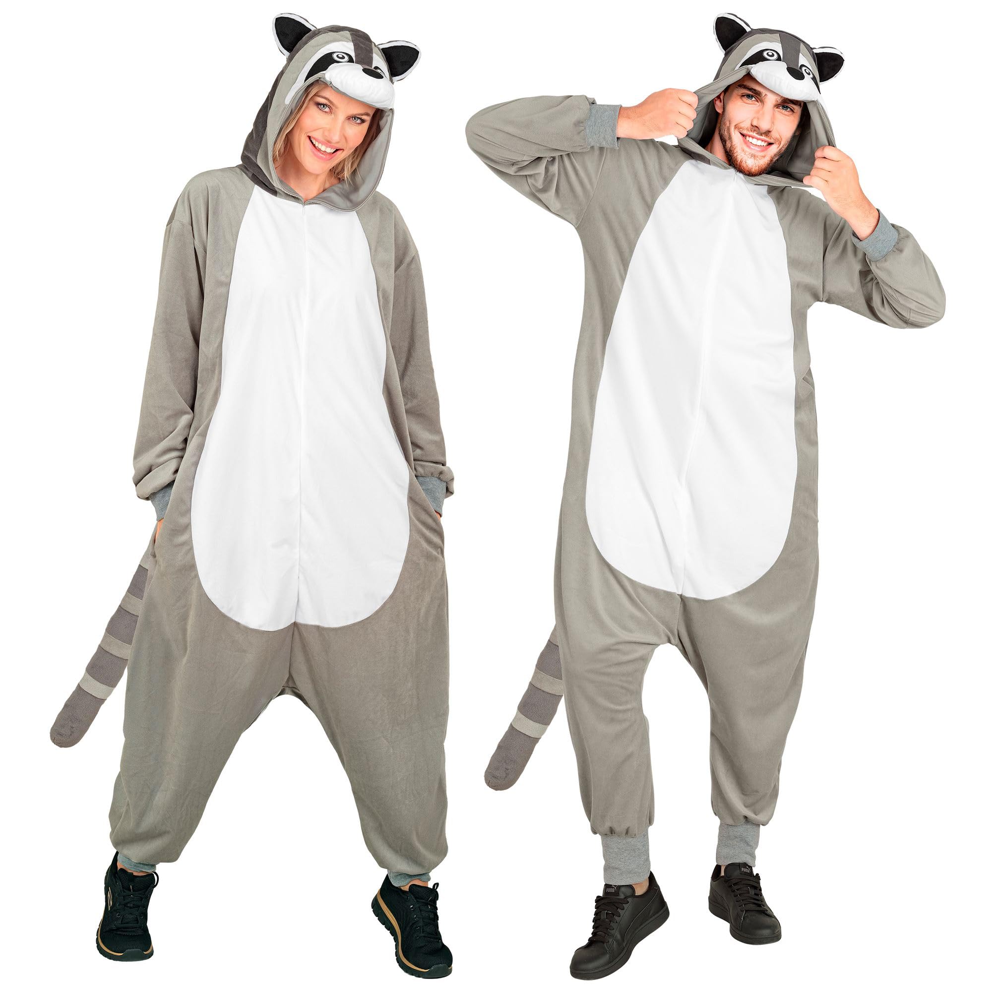 W WIDMANN MILANO Party Fashion - Raccoon Jumpsuit for Adults, Grey Plush Jumpsuit with Hood, Animal Costume for Carnival