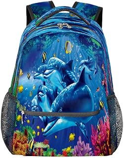 Mochilas para meninos e meninas, animais do oceano, mochila escolar com vários bolsos, mochila coral golfinho com alça de ombro ajustável para viagens, caminhadas, acampamento, Multi, Medium