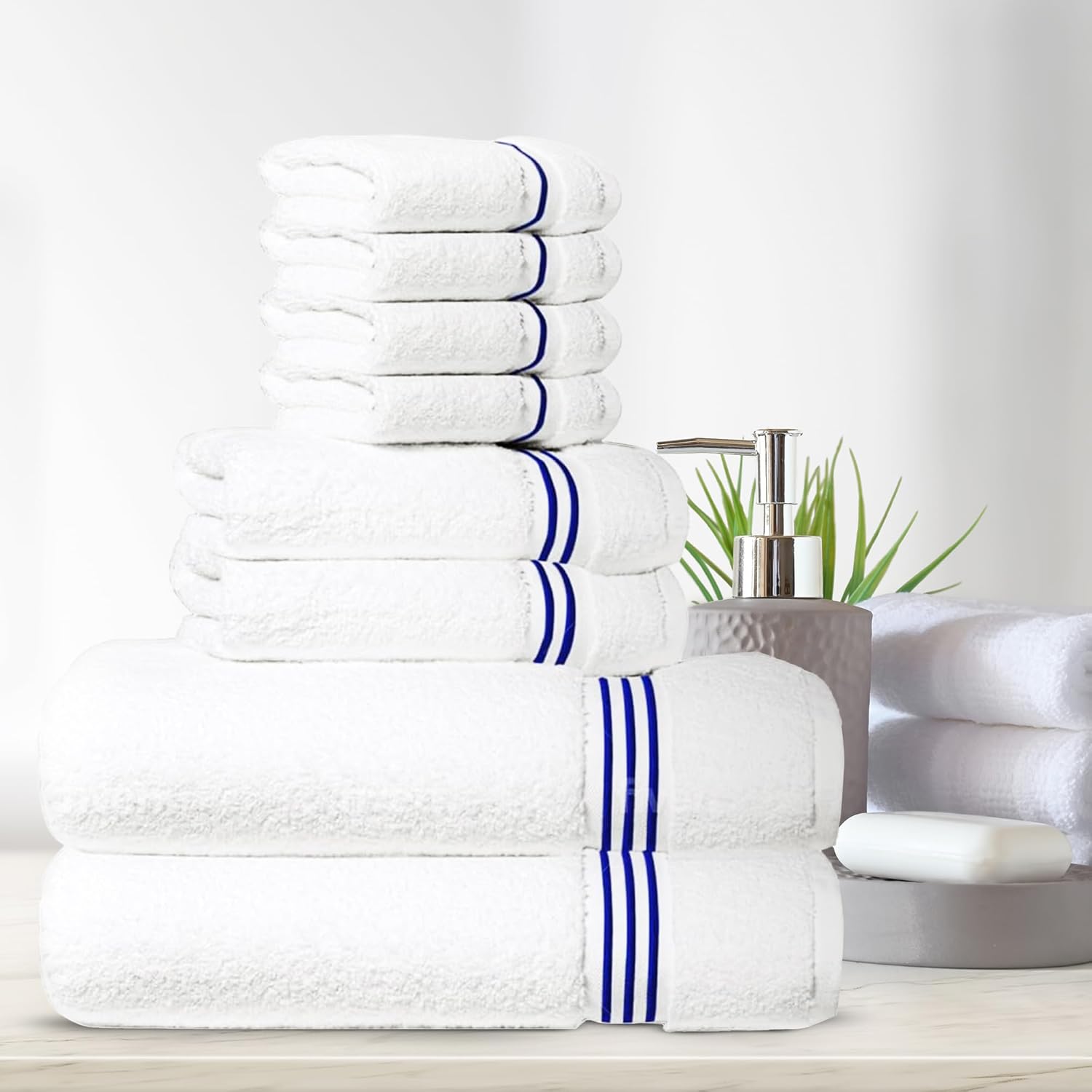 8-Piece Premium Towel Set, 2 Bath Towels, 2 Hand Towels, and 4 Wash Cloths, 100% Ring Spun Cotton Highly Absorbent Towels for Bathroom, Gym, Hotel, and Spa
