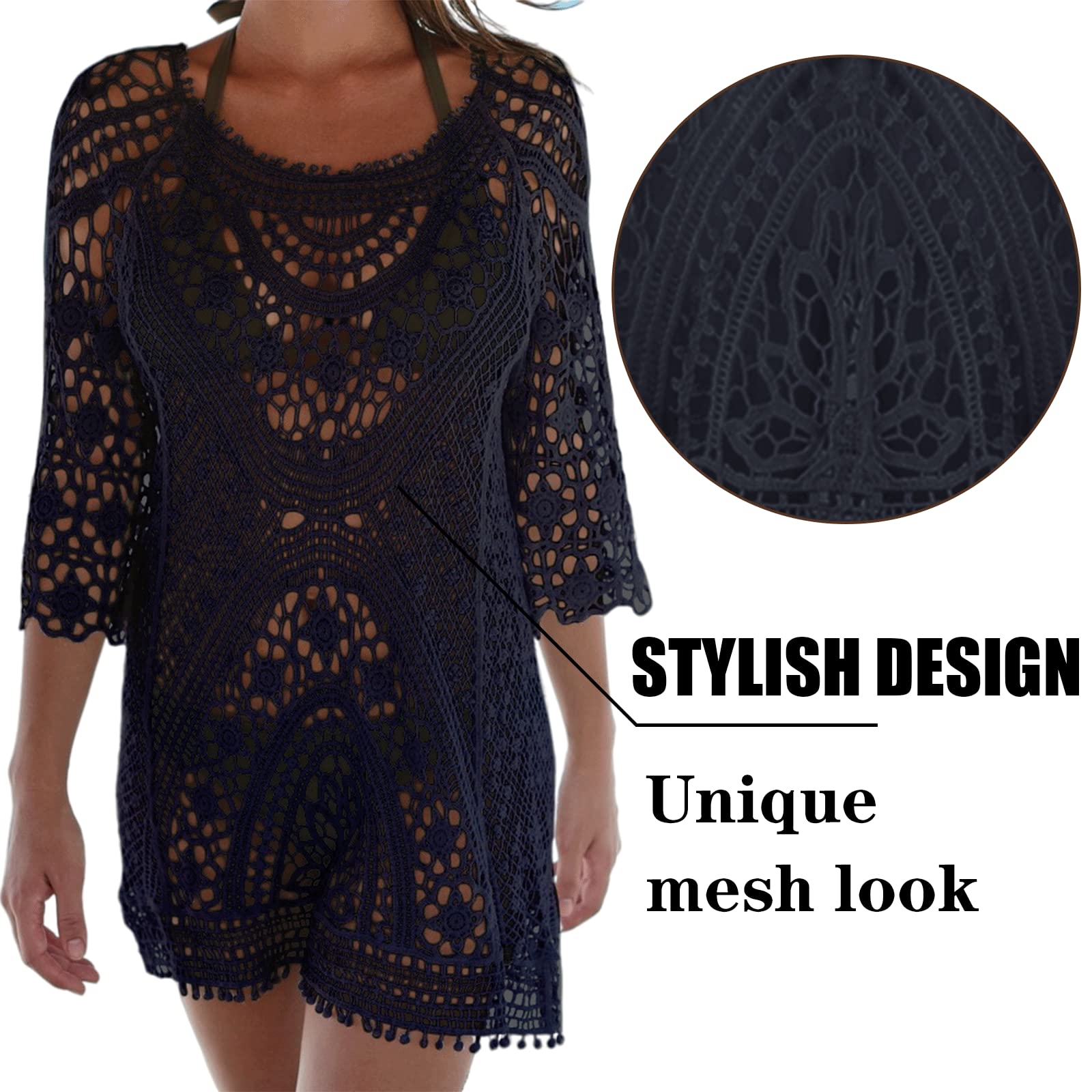 Copricostume da Bagno Donna in Maglia Uncinetto Estate Abito da Spiaggia Bikini Cover Up Camicetta Maglia Tunica Kaftan Top