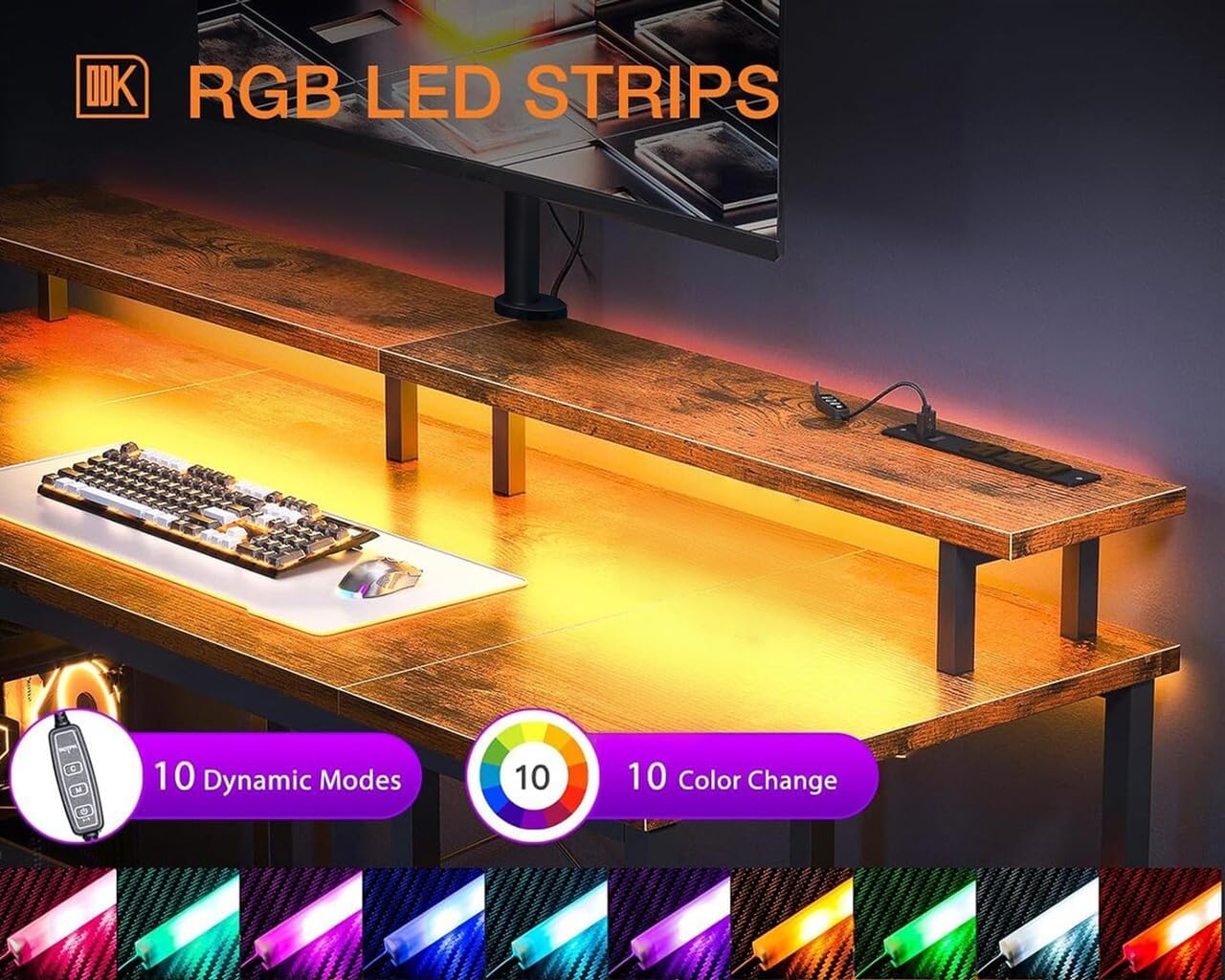 Close-up of ODK Gaming Desk LED strip with controller showing 10 dynamic modes and 10 color changes