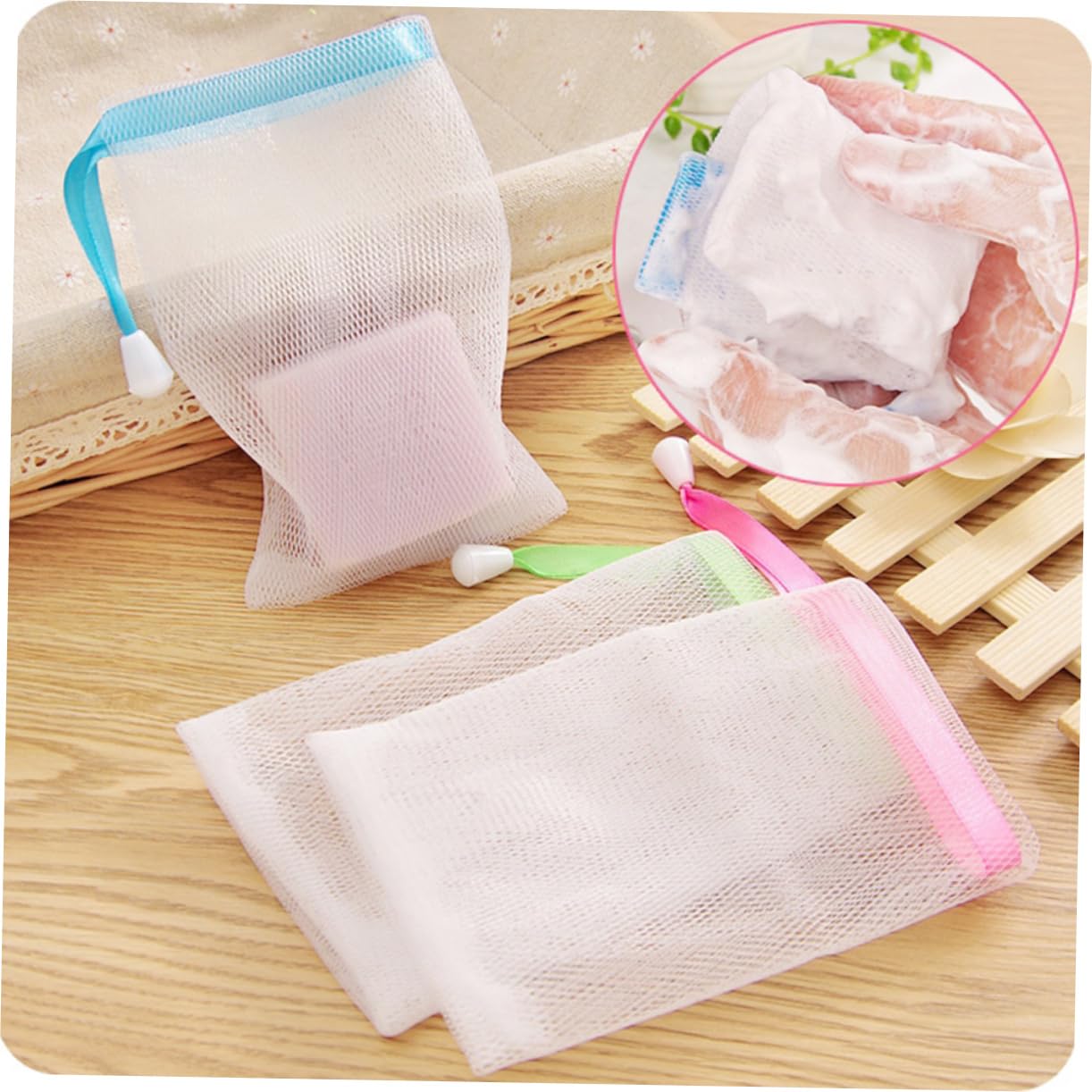 Angoily 2packs Mesh Bags for Soap Bars Net Sack Saver Drawstring Holder for Homemade Soap