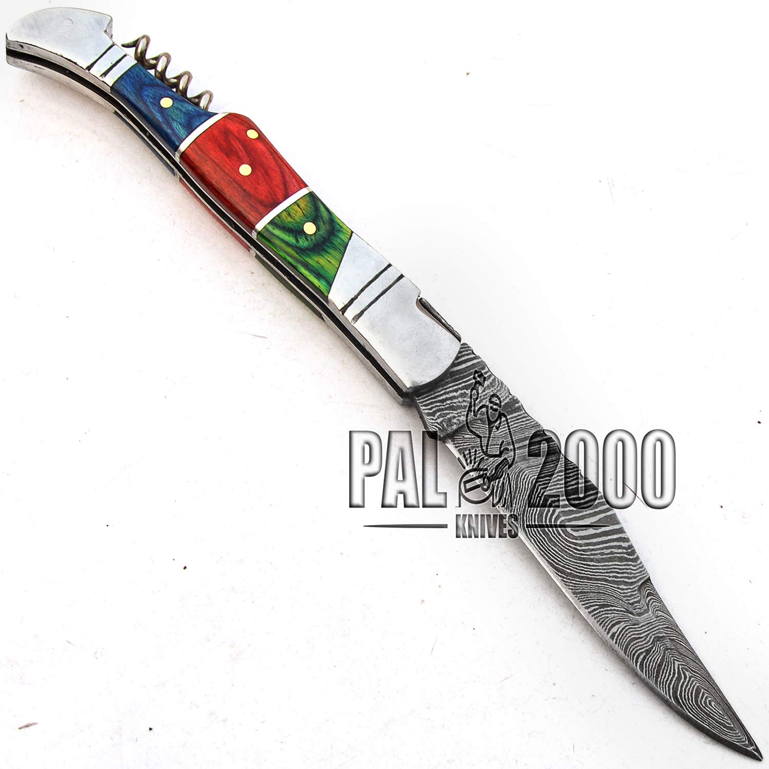 SPSR bellissimo coltello artigianale in acciaio damasco fatto a mano con fodero e apribottiglie vini e champagne garanzia di alta qualità 9691
