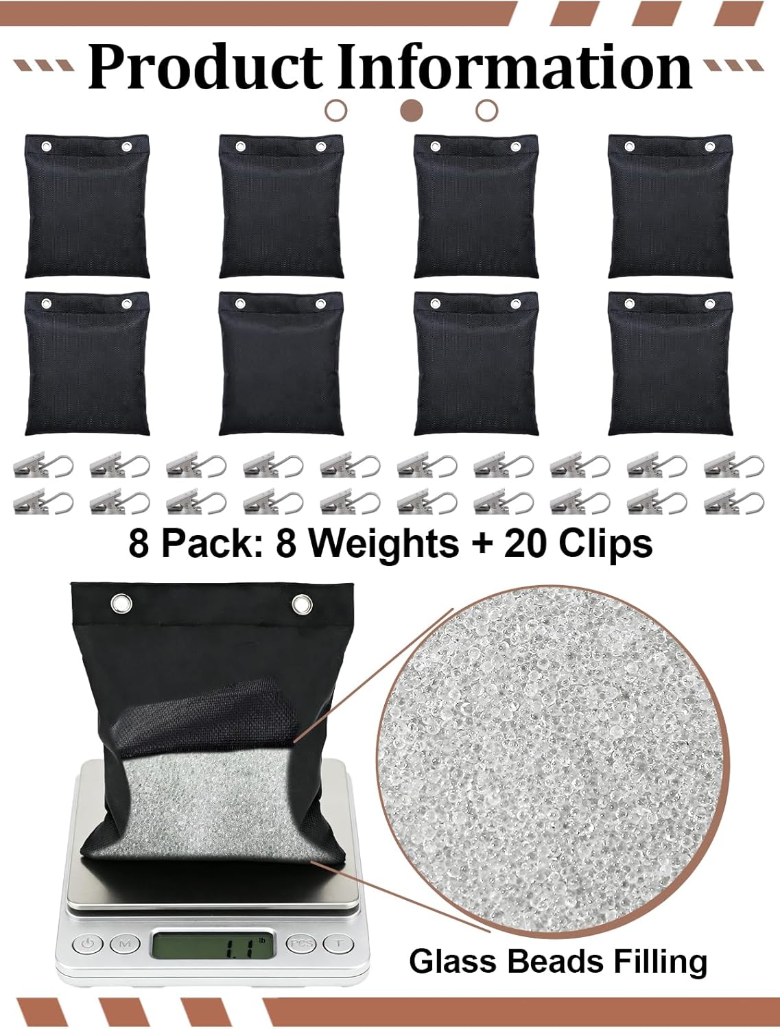 Apipi Pre-Filled 17.6 oz Outdoor Curtain Weights- 8 Pack Wind Resistant Oxford Weight Bags with Glass Beads Filling & Stainless Steel Clips, Heavy Duty Drapery Weights for Patio/Gazebo (5" × 6")