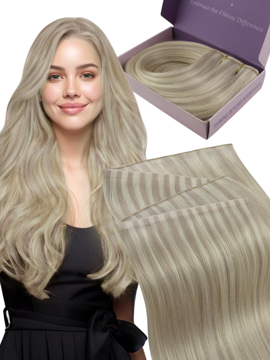 Fshine Butterfly Extensions Echthaar Tressen Dunkles Aschblond mit Blassen Strähnen 50 cm 50 g Tressen Echthaar Frei Zuschneidbar Genius PU Weft Farbe 18P613