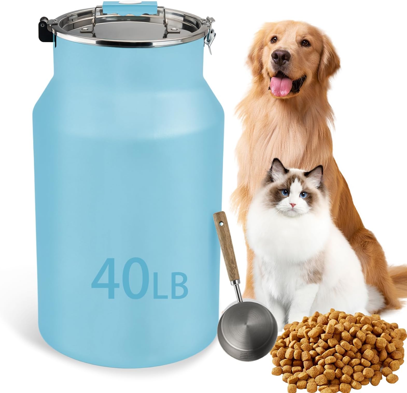 Dog-Cat Food Storage Container 40 lb/38 Qt Large Pet Food Bin with Airtight Lid, 304 Stainless Steel Construction & Scoop Included, Durable Metal Dog Food Storage for Dogs & Cats, Blue