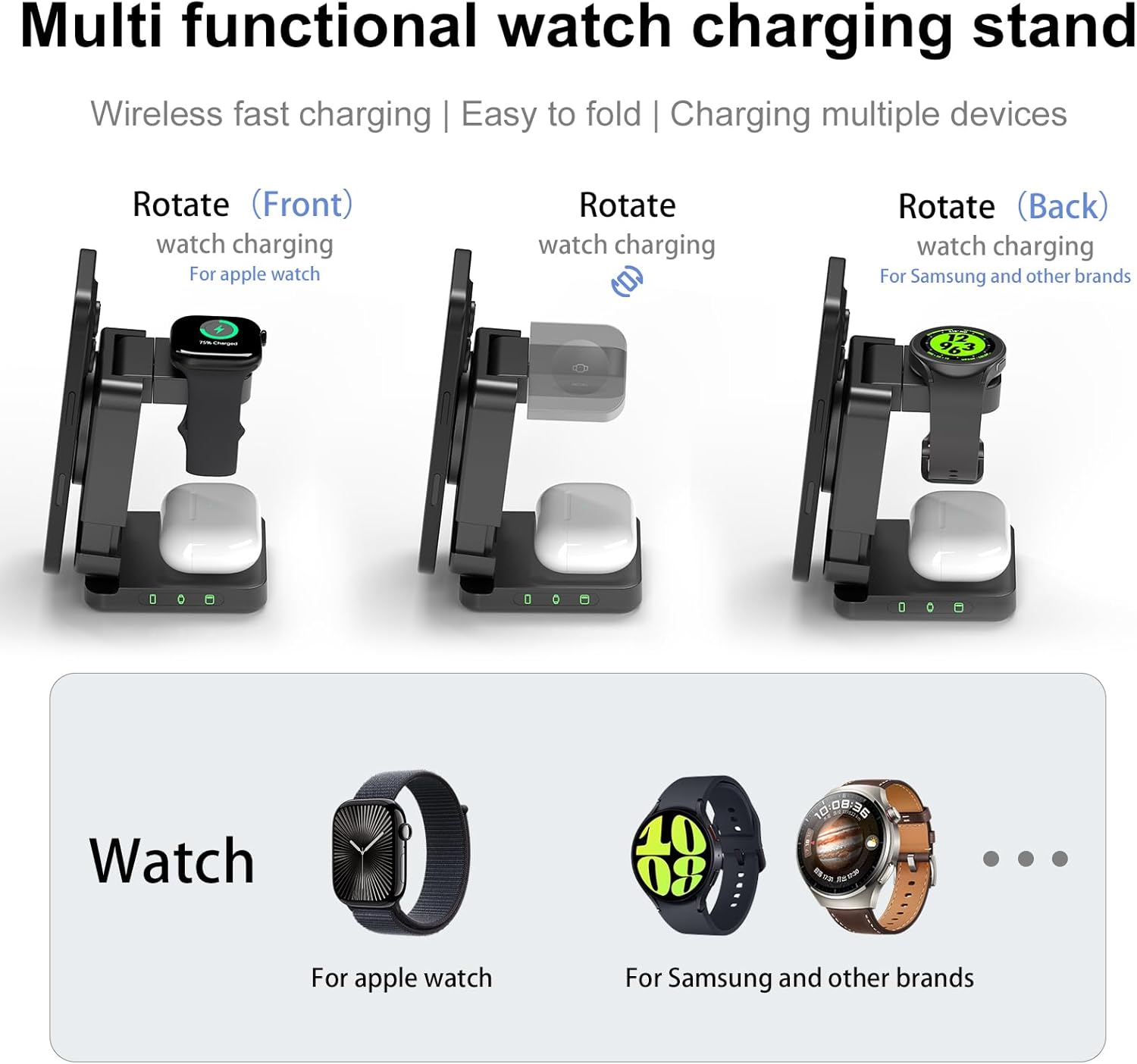 Foldable 3 in 1 Wireless Charging Station | Magnetic Foldable Charger for iPhone Apple Watch AirPods | Travel Charging Station for Samsung Galaxy Watch and Phones (White, with 30W Adapter)