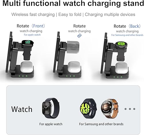 Miniatura 5 de Estación de carga inalámbrica magnética 3 en 1, soporte de viaje plegable y giratorio, para iPhone, teléfonos Samsung, relojes, auriculares, base