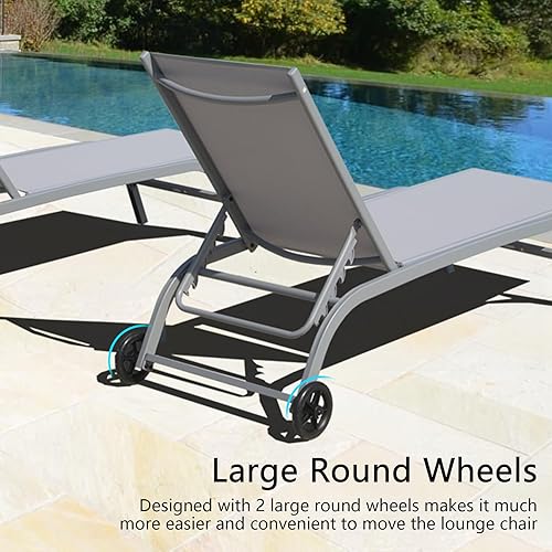 Miniatura 4 de Domi - Juego de 2 tumbonas para exteriores con ruedas, marco de metal resistente con 5 posiciones ajustables reclinables para porche, playa, patio,