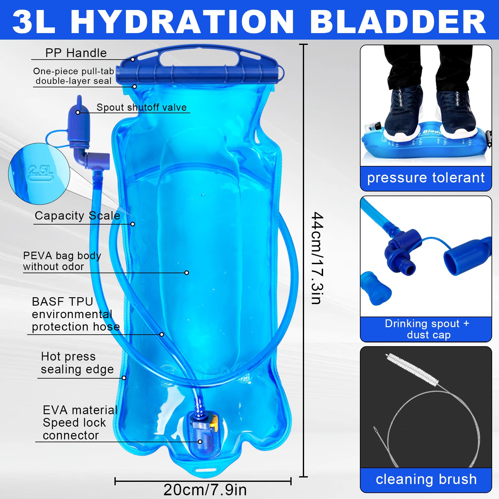 Sacca Acqua per Zaino,Sacca Idratazione Portatile,Bolla d'Acqua per Sport ed Esterni,Sacca Idrica con Apertura Larga,per Corsa, Ciclismo, Escursionismo, Arrampicata, Sci, Caccia(3L-PEVA)