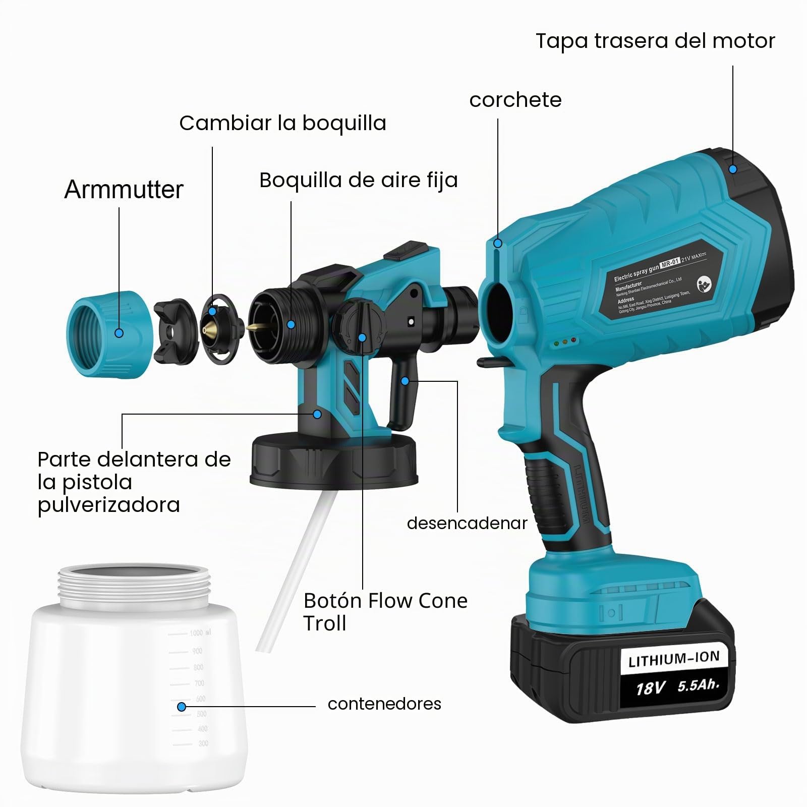 Pistola de Pintura Eléctrica con 2 x 5500mAh Batería, ASUNCELL Pistolas para Pinturas de Flujo Ajustable de 1000ml para Vallas, Paredes, Techos, 4 Boquillas y 3 Modelos (Azul)