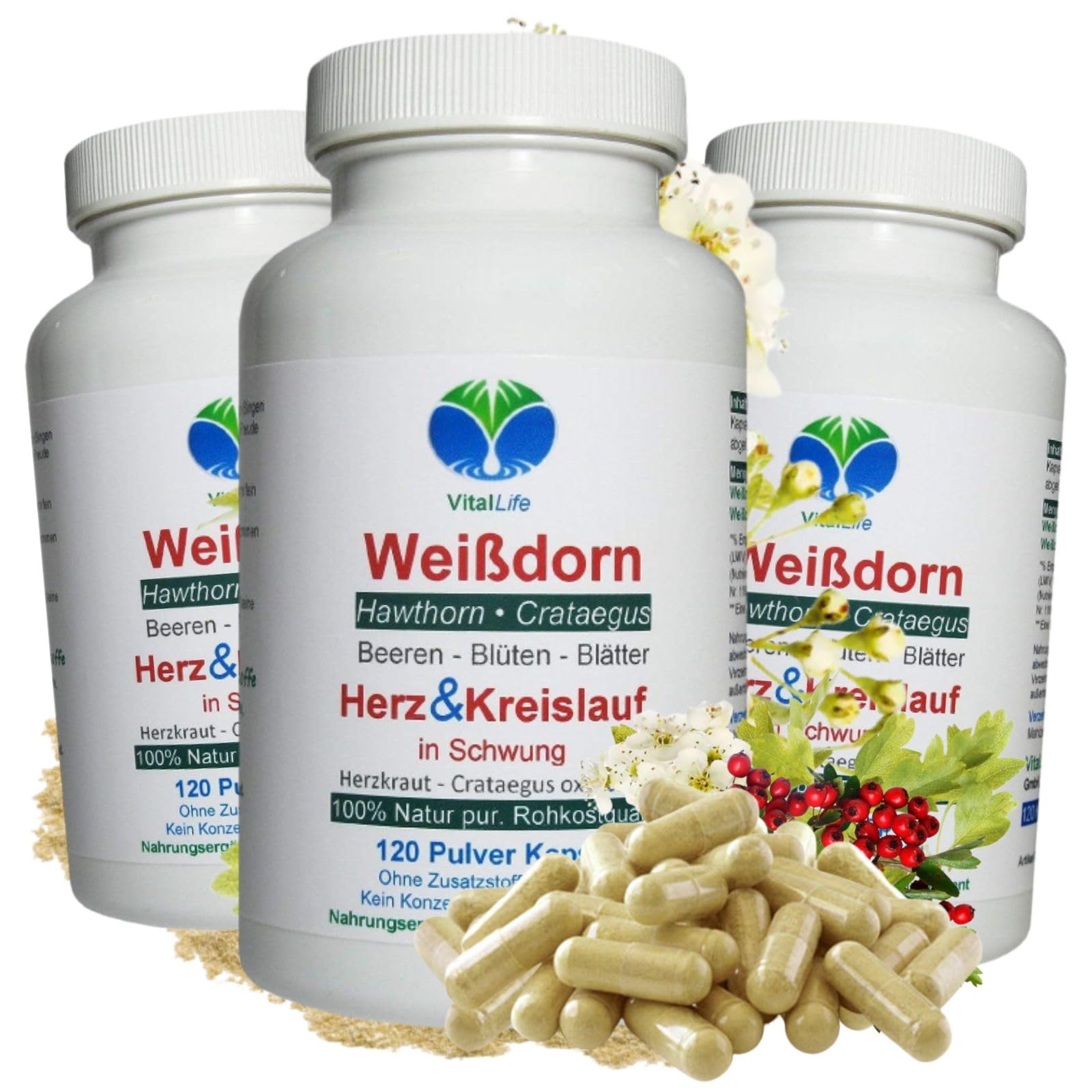WEISSDORN Weißdorn HERZ-KREISLAUF 1080 Kapseln 3x360 "HERZKRAUT" NATUR pur Weißdornbeeren & Weißdornblätter & Weißdornblüten. OHNE ZUSATZSTOFFE. 27100-7