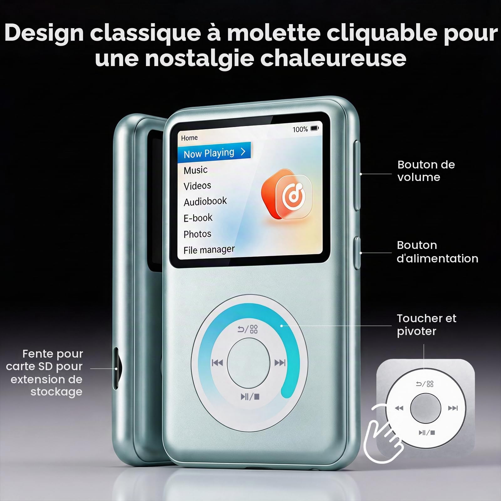 Innioasis Y2 Classic Lecteur MP3 avec Bluetooth 8 Go avec listes de lecture et radio FM Bleu sarcelle