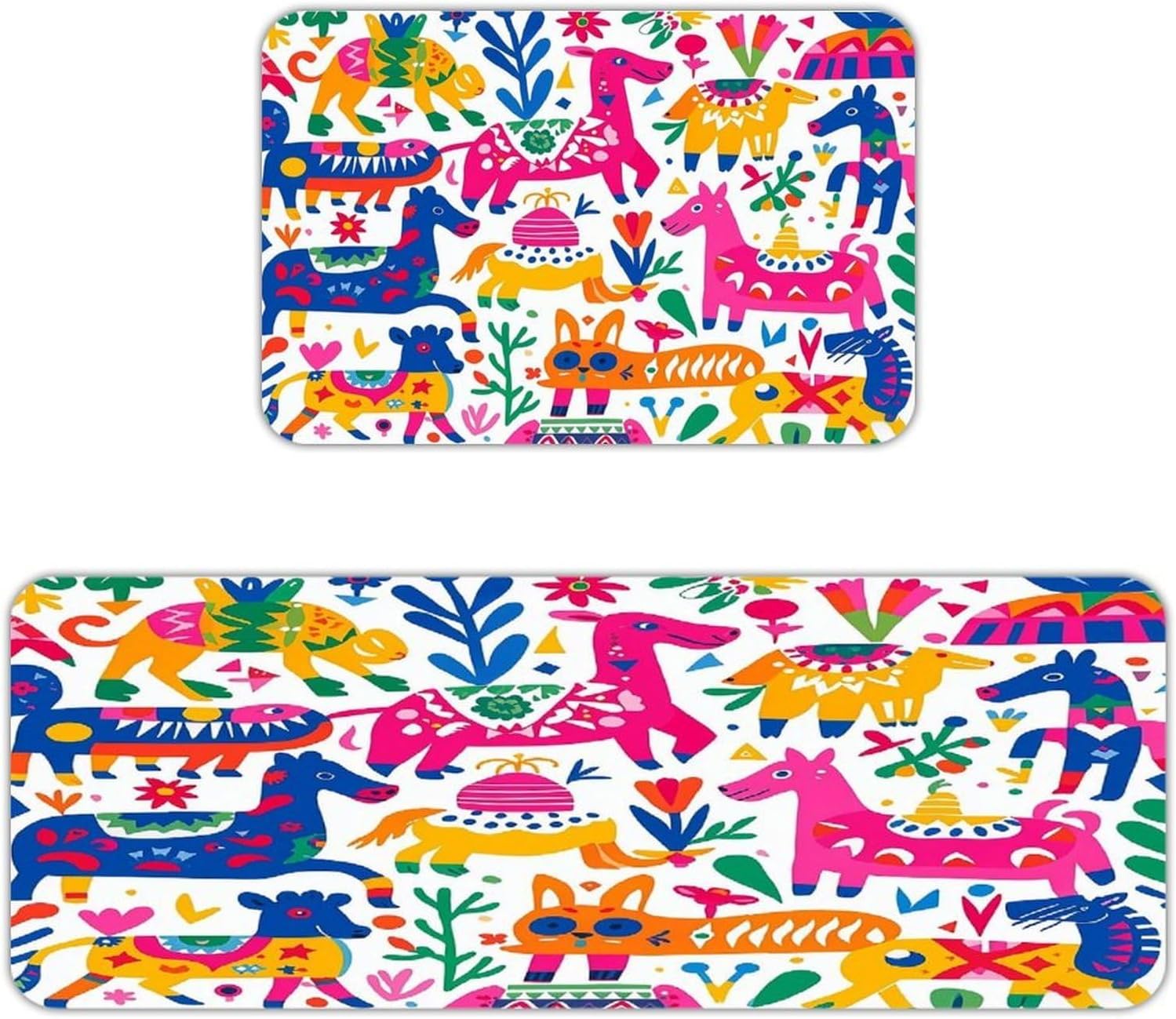Mexican Otomi Animals Kitchen Mats for Floor 2PCS Kitchen Rugs Cushioned Anti-Fatigue Rugs Absorbent Standing Mat Comfort Floor Mats Flannel Non-Slip Kitchen Mat for Home Office Laundry