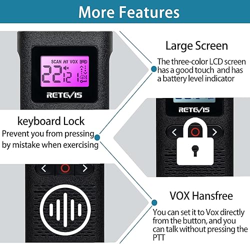 Miniatura 8 de Retevis RT22 Walkie Talkies (paquete de 6) y radio RB28 de dos vías (paquete de 4) de largo alcance, radios compactos de 2 vías con carga USB,