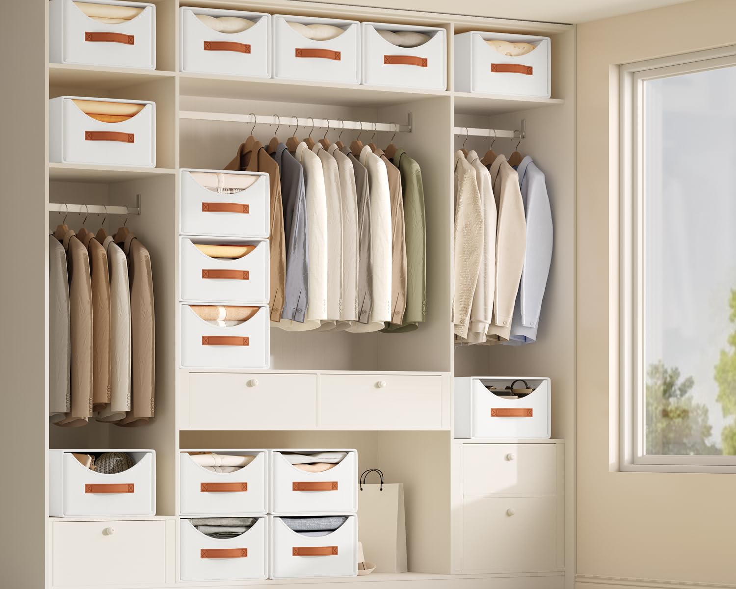 Homsorout Szufladowy system organizacji – 4 sztuki składanych pudełek do przechowywania z tkaniny, 35 x 25 x 17 cm, pudełka do układania w stos, organizer do szafy na ubrania, dokumenty, kolor biały