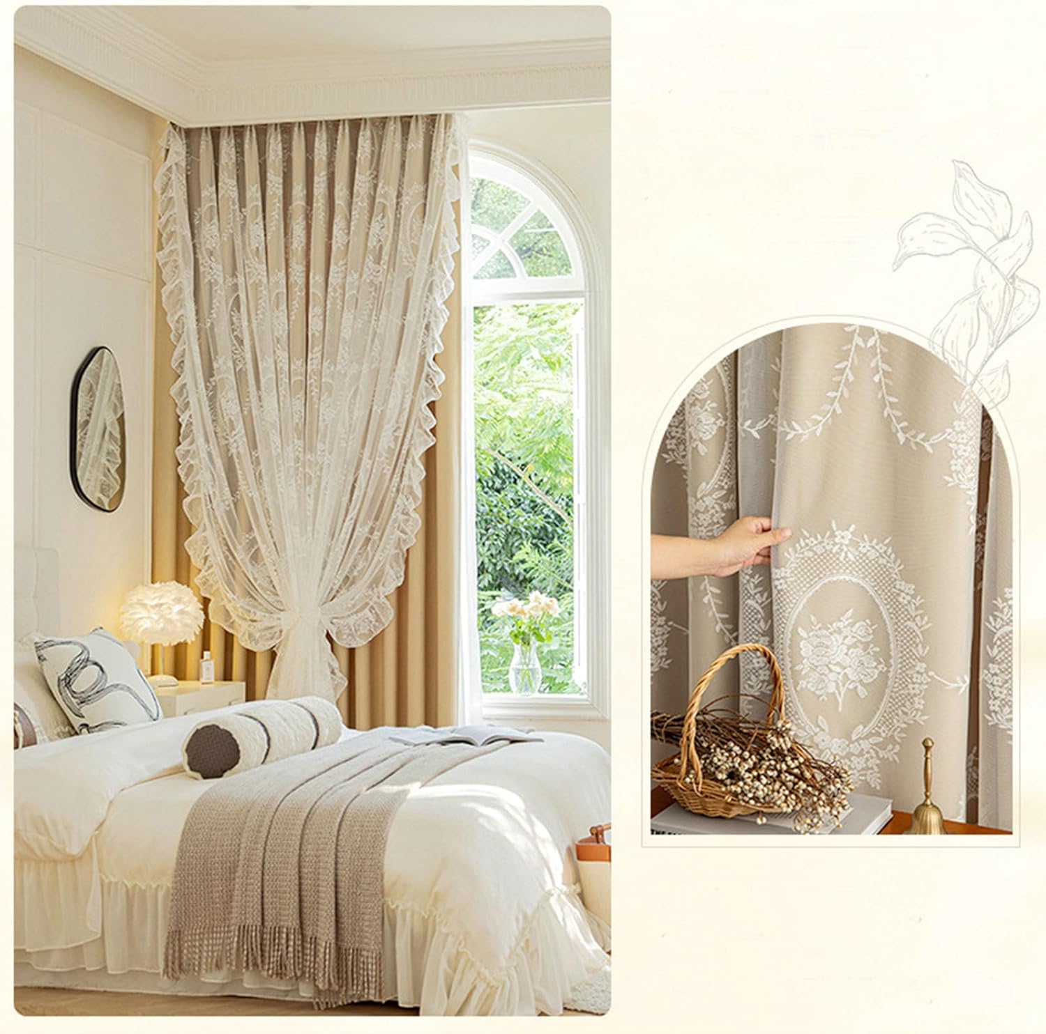 Blackout Thermal Curtains 2 Panels Set 52 inch Long, Window Blackout Curtains Hook Double Layer Embroidered Flowers with Ruffles Window Treatment for Living Room Beige, 42 x 52 Inch