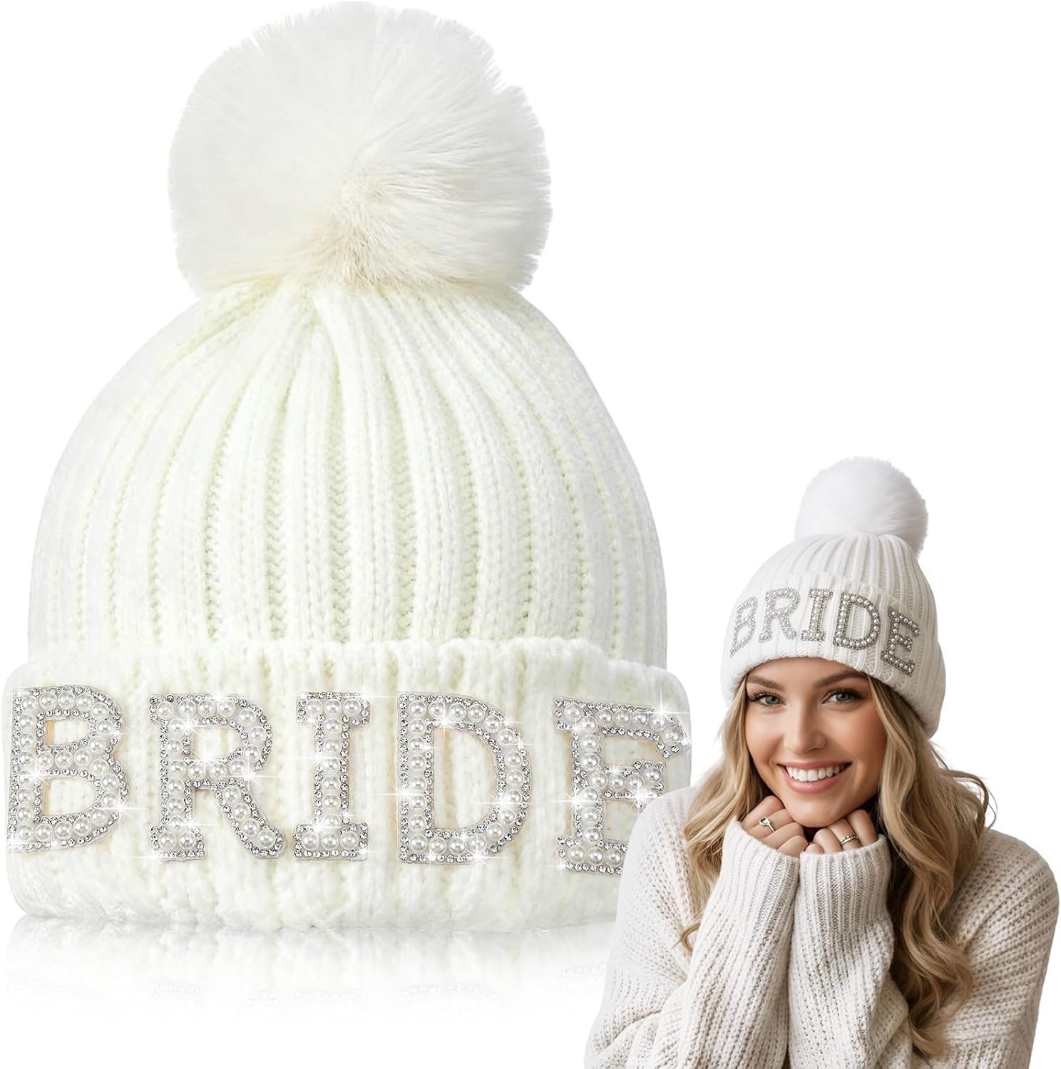 Shihanee Rhinestone Bride Knitted Beanie Hat with Faux Fur Pom White Bride and Bridesmaid Beanie Warm Soft Womens Winter Hat for Bachelorette Parties Bridal Shower Bridal to Be Gift
