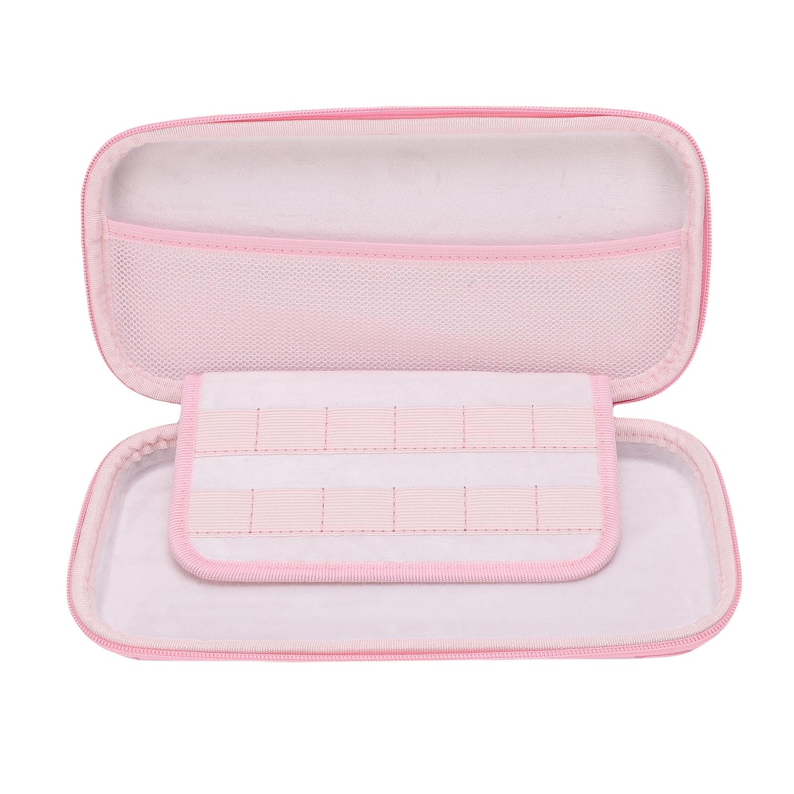 Ejoyous Custodia per Console di Gioco Portatile, Custodia Rigida per Console di Gioco Portatile in EVA con 12 Slot per Schede Tasca in Rete da Viaggio Rosa Fragola per 2 Ragazze (con cinturino)