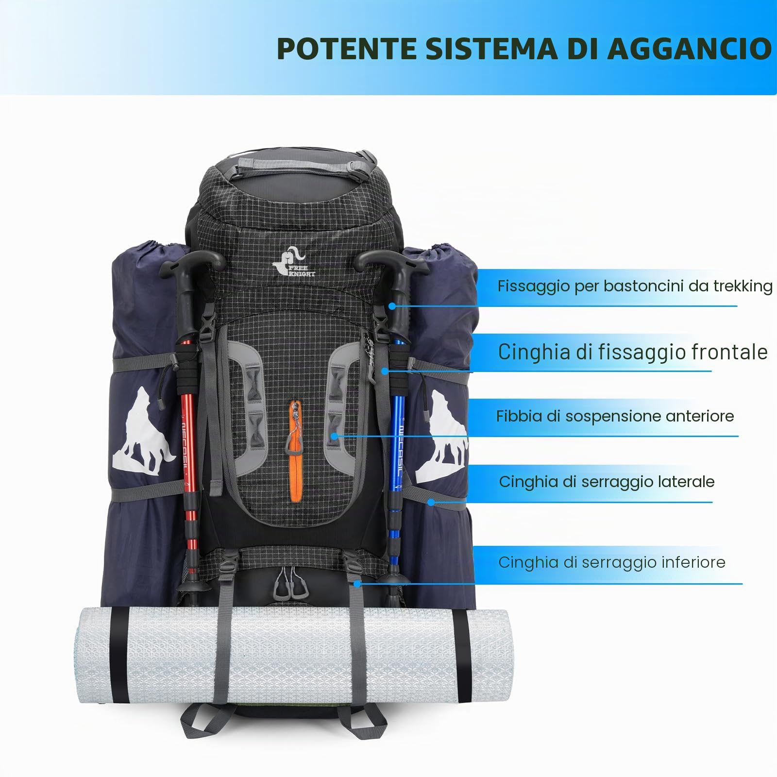 Bseash Zaino da campeggio impermeabile da 80 litri con copertura antipioggia, zaino leggero da viaggio per sport all'aria aperta per arrampicata